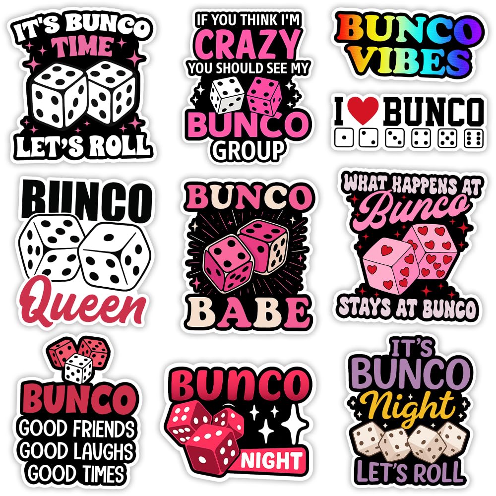 SODAVA Funny Bunco Stickers Pack of 10 – Game Vinyl Decals for Bunco Night, Bunco Babe Queen Group, Waterproof Cute Bunco Accessories for Women, Scrapbook Laptop Water Bottle Decor