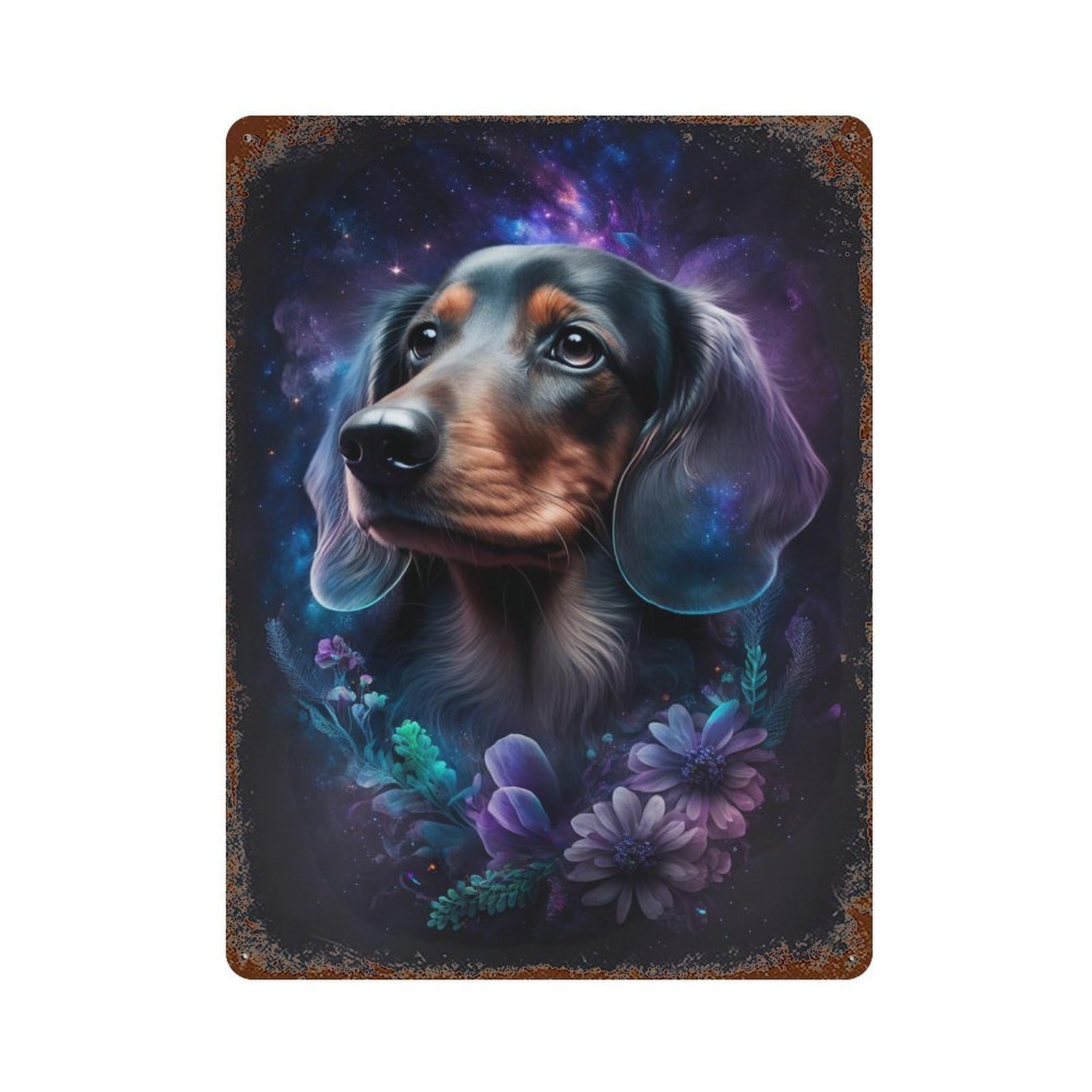 Galaxy Dachshund Art Print Vintage Wall Sign 15.7"x11.8", Rust Effect Metal Decor for Shed, Workshop And Garage Wall Decor