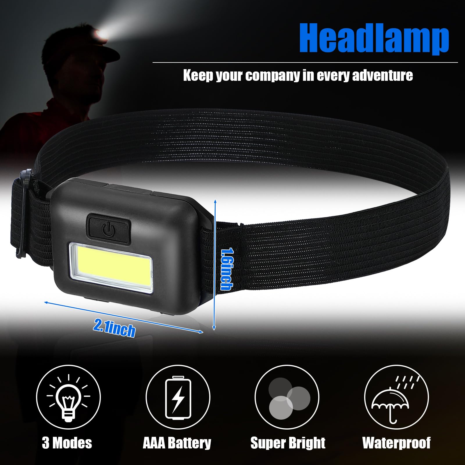 Lot de 48 lampes frontales LED lumineuses et étanches - 800 lumens - 3 modes - 144 piles AAA - Pour adulte, course à pied, camping, survie nocturne (noir)