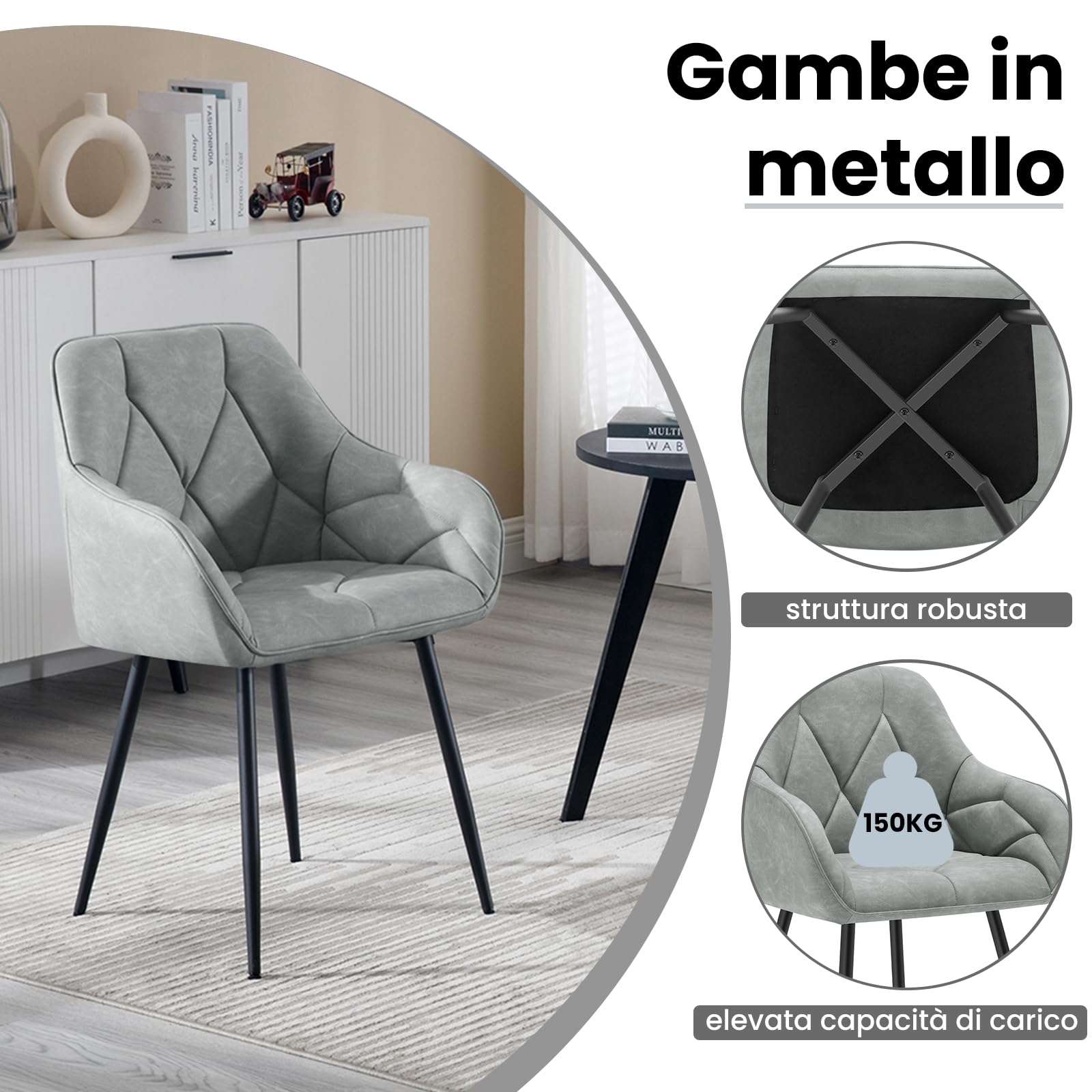 WOLTU Set di 2 Sedie da Pranzo con Braccioli e Schienale, Sedie Cucina Moderna in PU Vintage, Poltrone da Salotto con Gambe in Metallo, Sedie ergonomiche per Ufficio,Bar, Grigio,