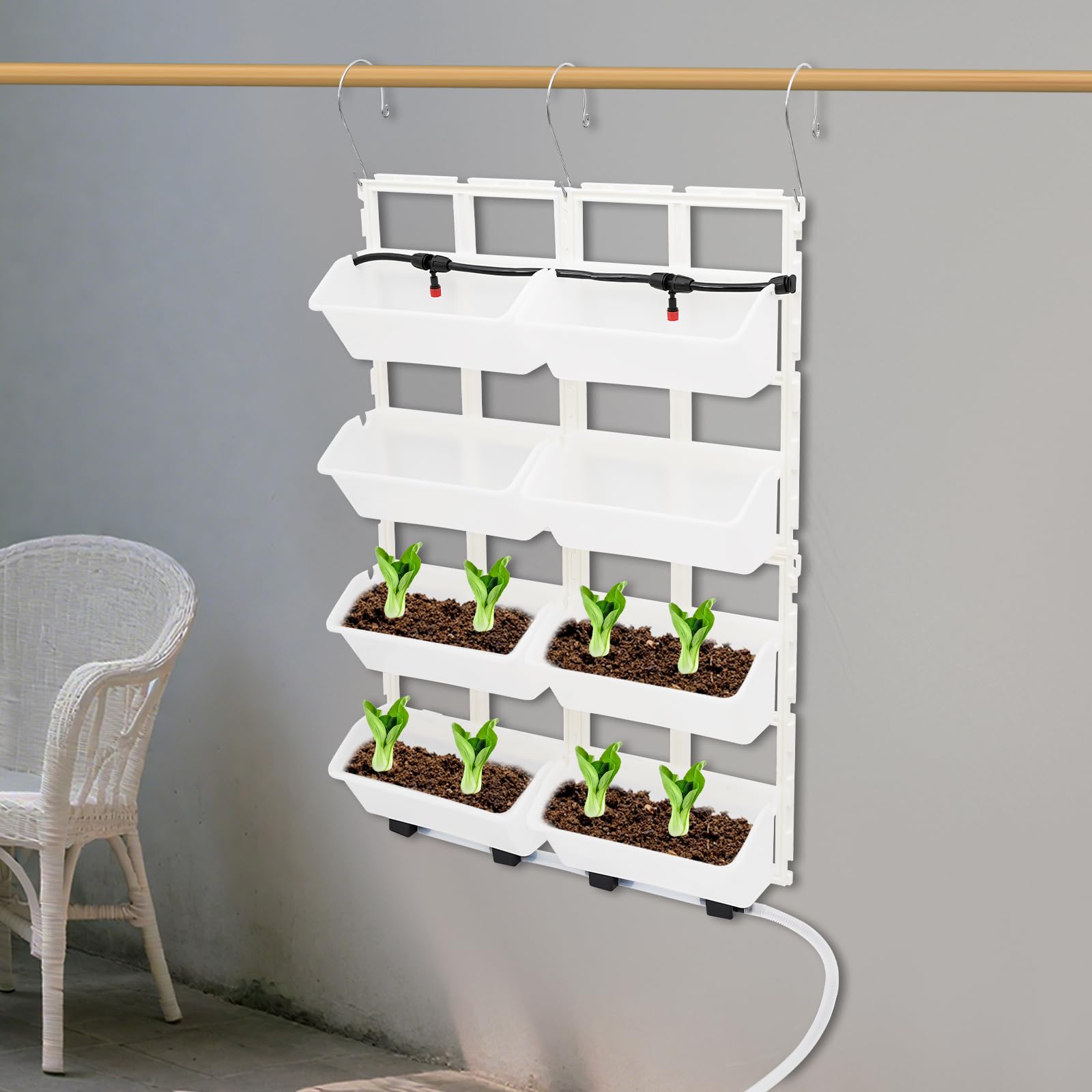 Madelynn Maceta vertical colgante de pared de 67 x 18,6 x 93 cm, para colgar en la pared, manguera de drenaje de 2 m, con 8 macetas para el cultivo de hierbas y flores