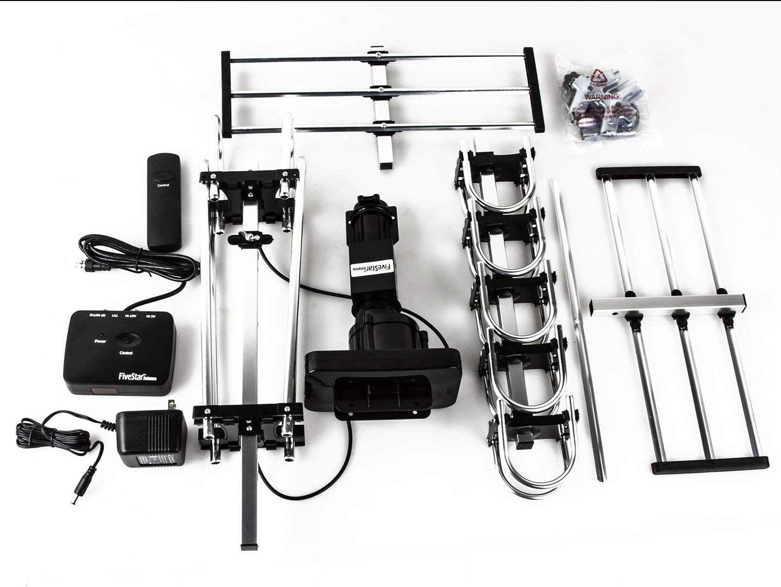 Five Star Antenna TV HD per esterni più forte fino a 200 miglia a lungo raggio con rotazione motorizzata di 360 gradi, radio UHFVHFFM con telecomando a infrarossi design avanzato Plus kit di
