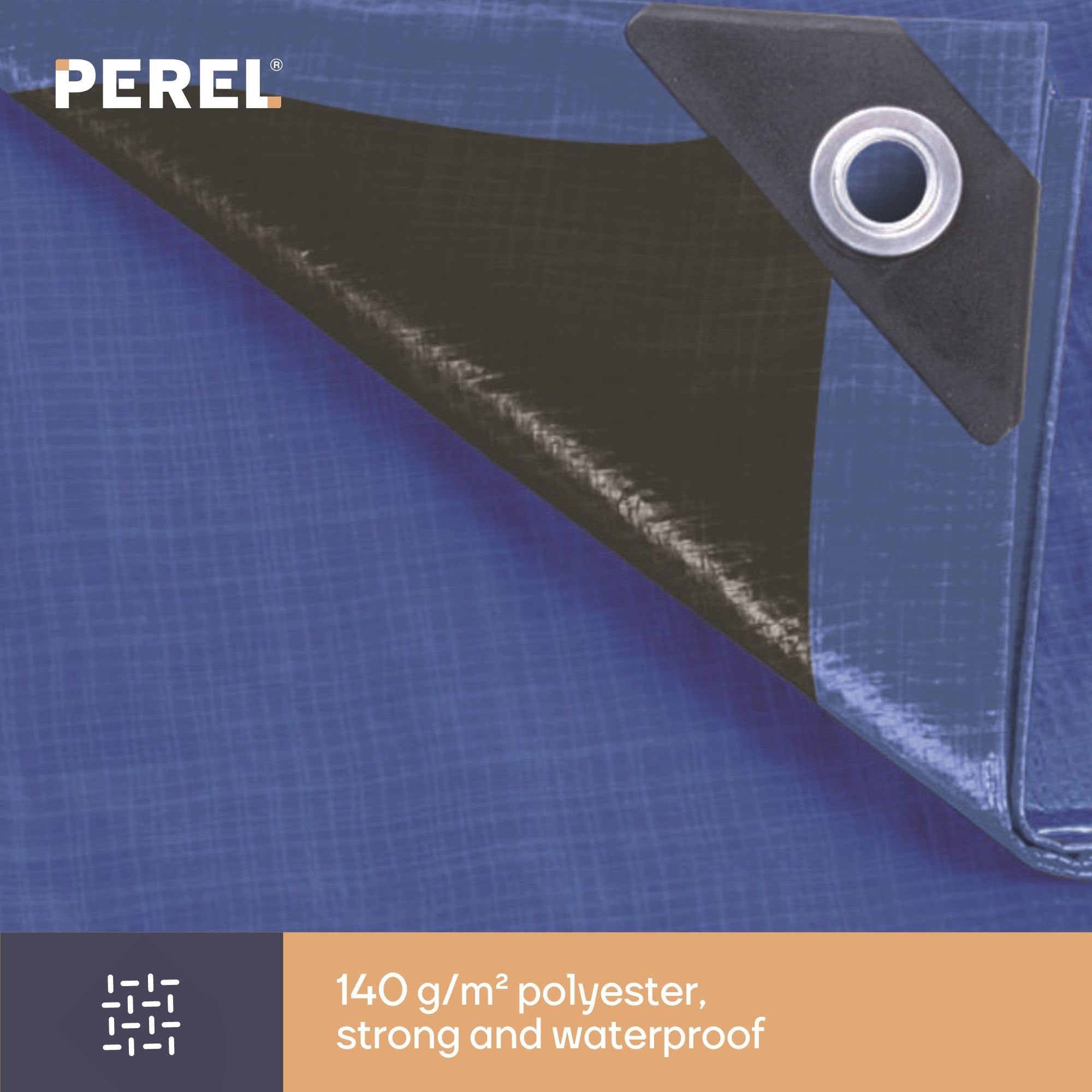 Perel Lona 5 x 8 m, poliéster Extra Resistente 140 g/m², Lona Rectangular con 26 Ojales y Esquinas reforzadas, para Muebles de jardín, Madera, Remolque