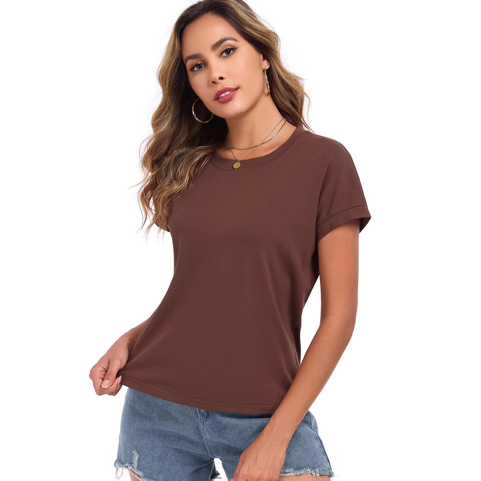 HOTIAN Maglietta da donna a maniche corte, in cotone, casual, basic, estiva, con maniche ad aletta, scollo rotondo