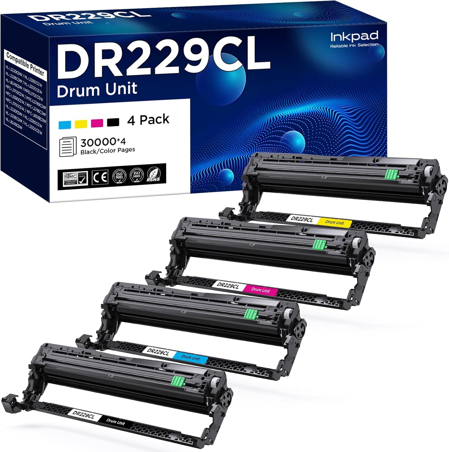 DR229CL Drum Unit (NOT Toner) Replacement for Brother DR-229CL DR 229 use with TN229 TN-229 TN229XL work for MFC-L3720CDW MFC-L3765CDW MFC-L3780CDW HL-L3220CDW HL-3280CDW HL-L3295CDW Printers (4 Pack) BDR229-4P