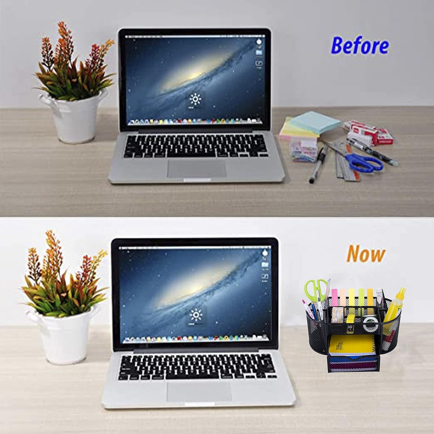 OFIXO Combo – Schreibtisch-Organisation, 9 Fächer, Metallnetz, Schreibtisch-Organizer und 400 Blatt bunte Haftnotizen – perfekt für Büro, Zuhause und Schule