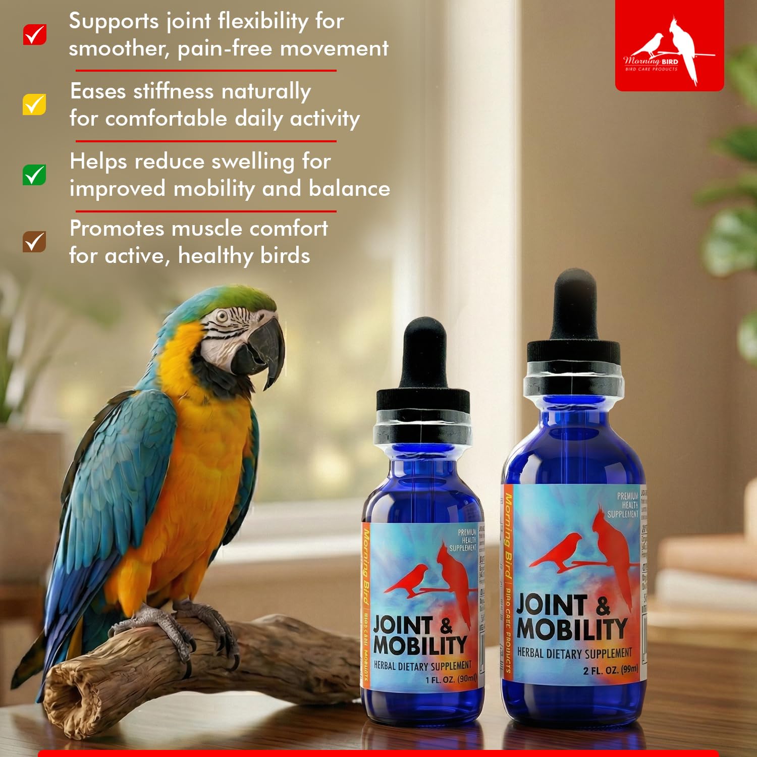 Morning Bird Joint & Mobility 2 fl oz – Herbal Liquid Supplement for Birds – Supports Joint Health, Muscle Comfort & Mobility – Ideal for Aging or Recovering Birds