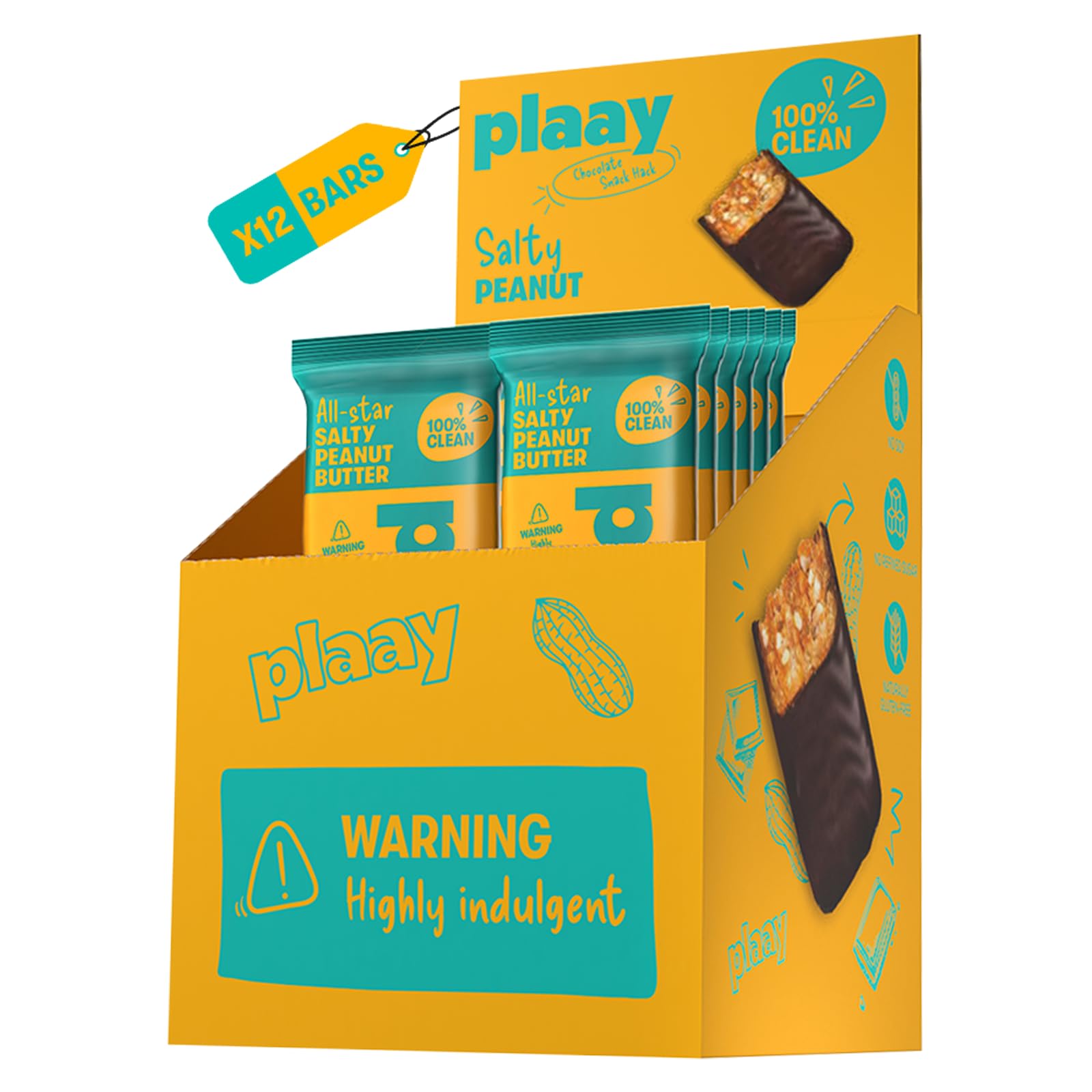 Plaay Salty Peanut Chocolate Bar – Box of 12, Premium Dark Chocolate with Real Delicious Peanuts, Clean Ingredients, No Refined Sugar, Guilt-Free Snack – 12 x 35g