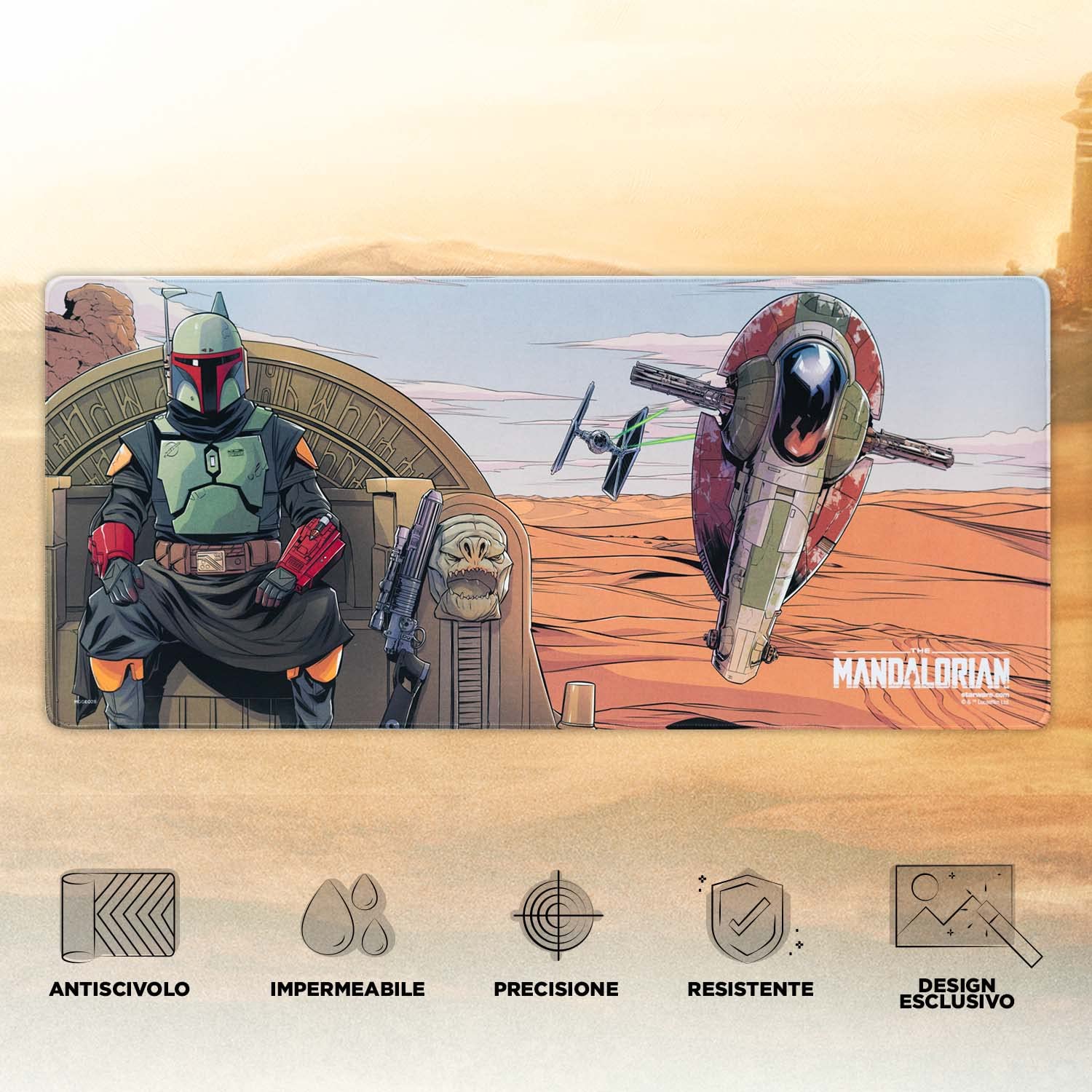 Grupo Erik Tappetino Mouse XXL Star Wars Gadget - Tappetino Scrivania Gaming PC, Impermeabile e Antiscivolo 80x35 cm | Accessori Gaming per Scrivania: Mandalorian