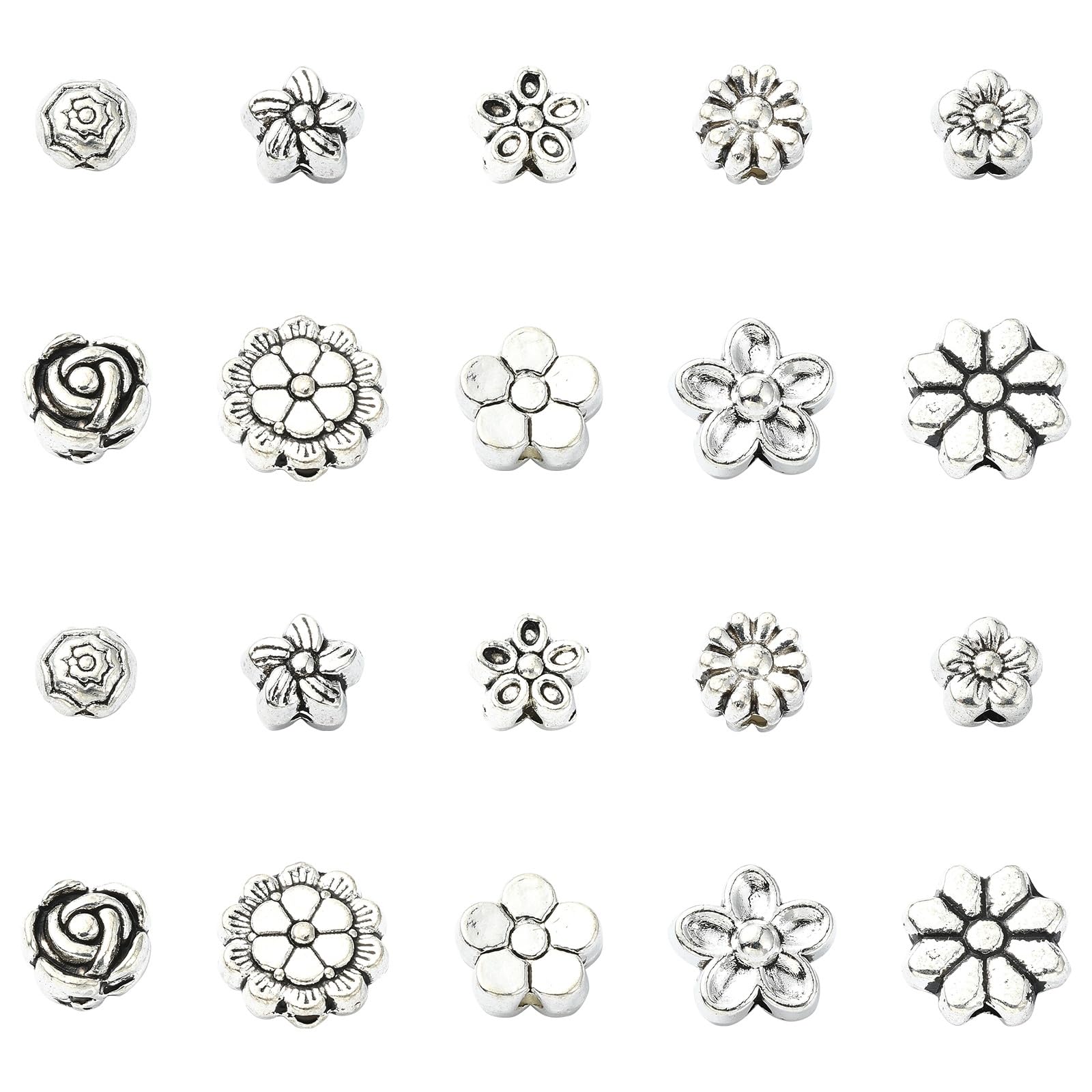 Stiesy 100 Pcs Tibetan Alloy Flower Beads Antique Silver Floral Alloy Spacer Beads Tibetan Metal Small Rose Flower Loose Beads for DIY Jewelry Craft Making Necklace Bracelet Supplies — image 1