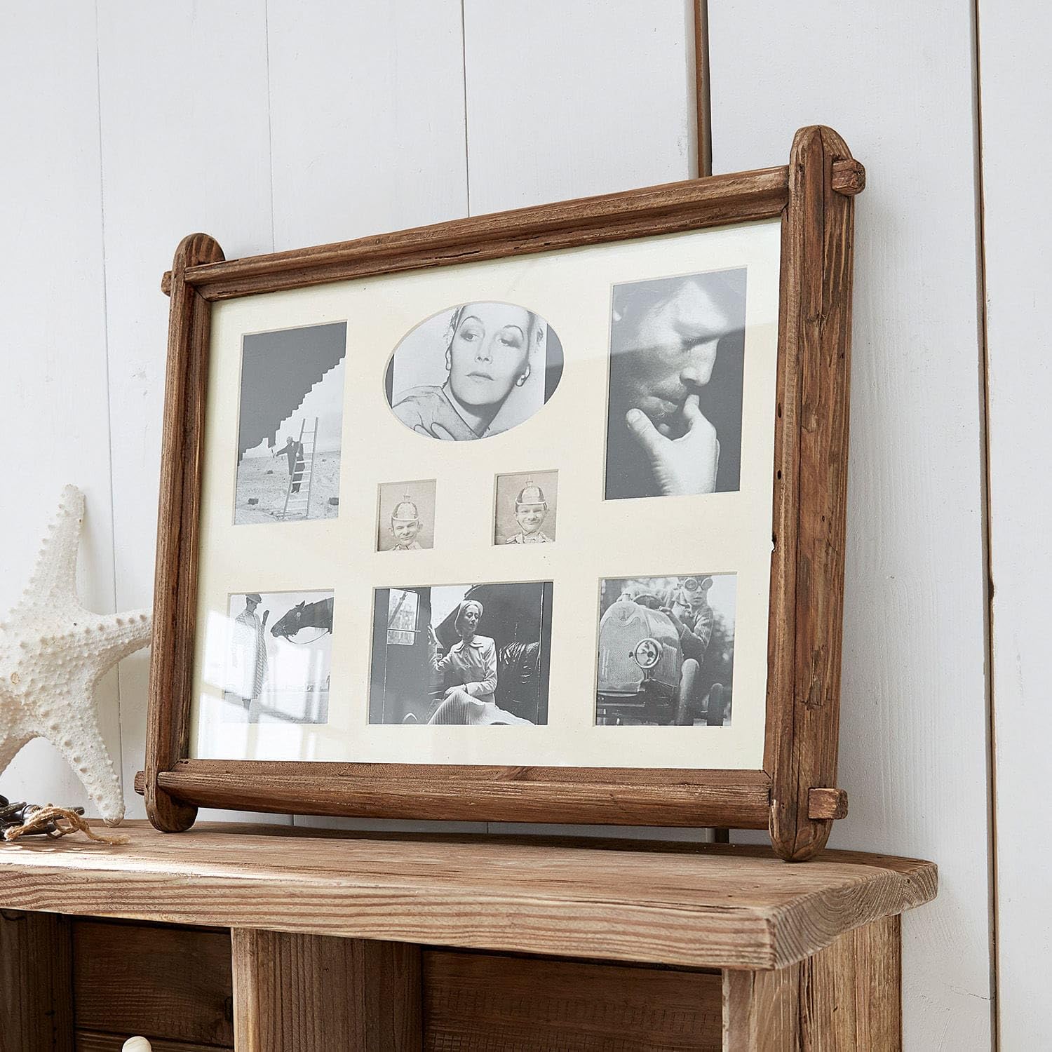Loberon Bilderrahmen Laon, antikbraun | Shabby-Stil - Natürlicher Look - Charaktervolle Maserung - für acht Fotos - Wanddekoration - Tannenholz - Glas
