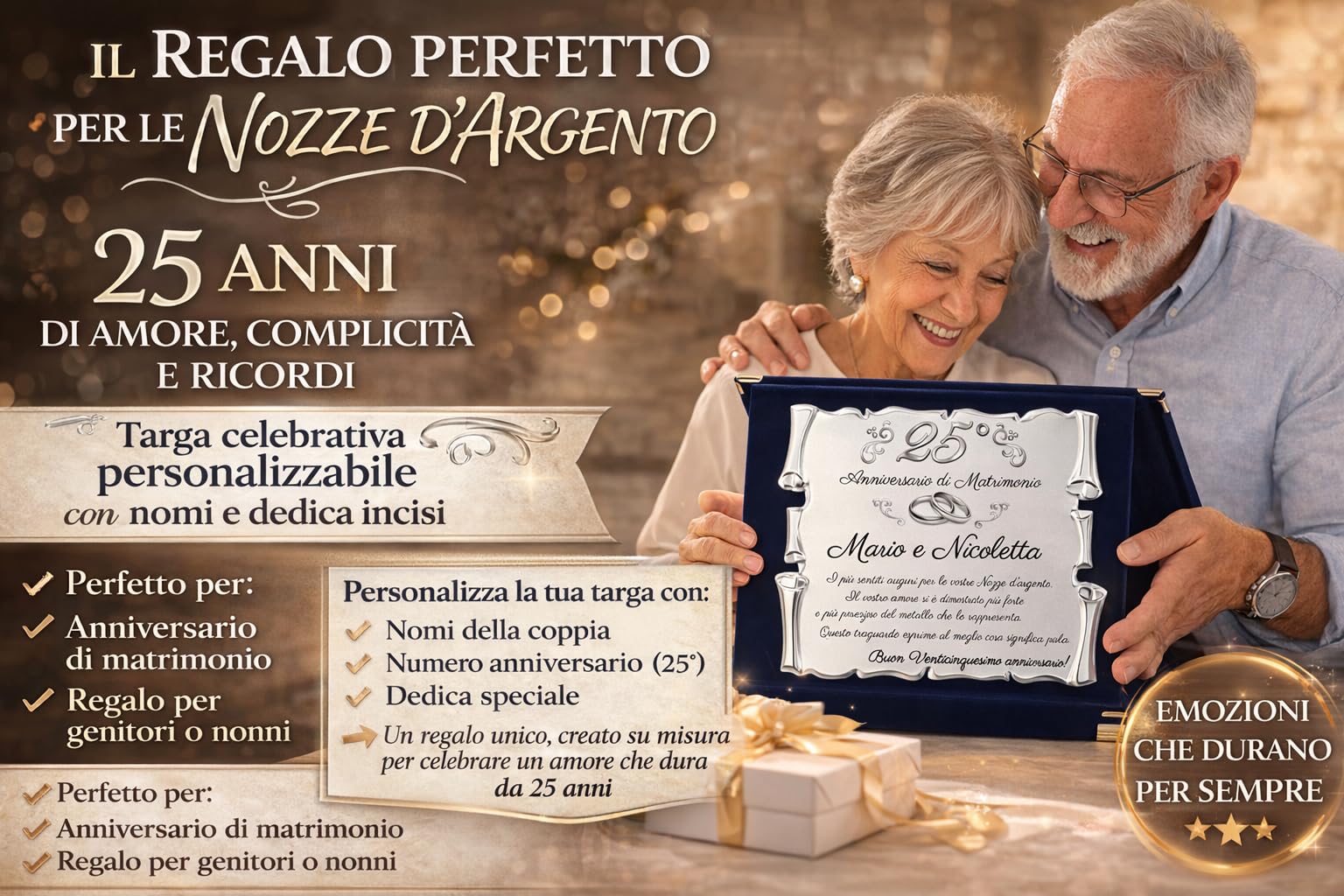 Targa 25° Anniversario di Matrimonio NOMI PERSONALIZZATI | Elegante Regalo Anniversario Nozze d'argento | Pergamena Argentata su Cofanetto in Velluto Blu