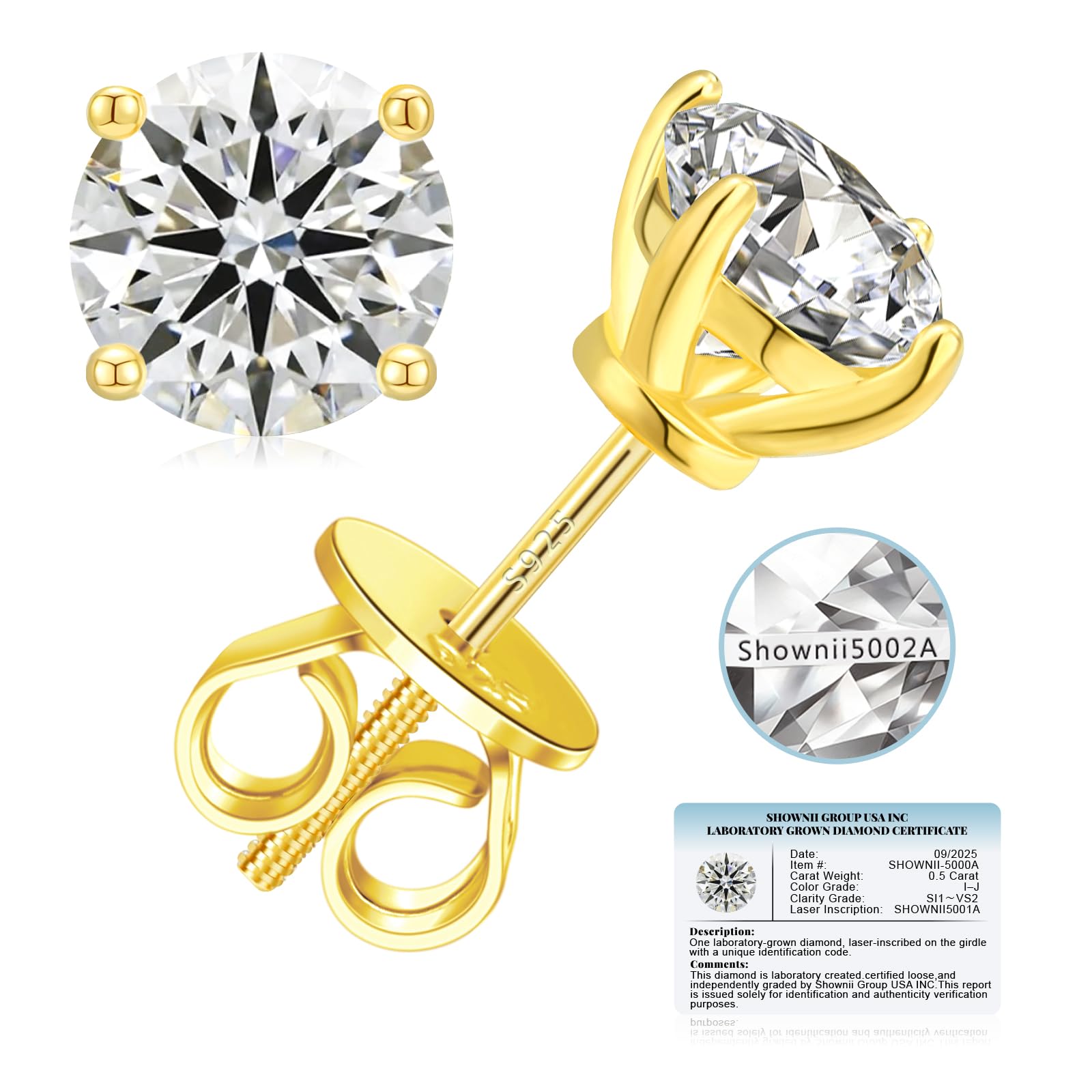 SHOWNII LAB GROWN Diamond Stud Earrings for Women 0.25CT - 2CT Screw Back