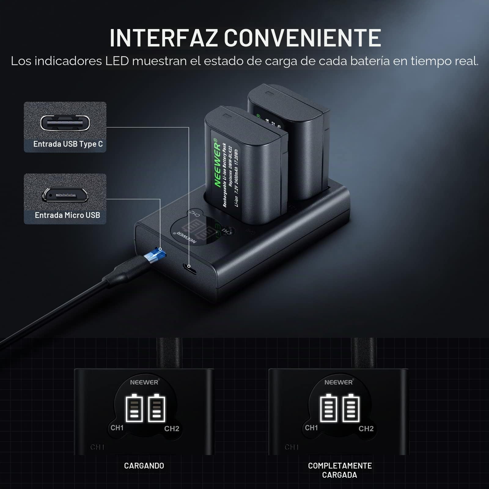 NEEWER Juego de Batería y Cargador Repuesto para DMW-BLK22, Compatible con Panasonic Lumix DC-S5 GH5 II S5II GH6 S5 IIX S9, Paquete de 2 Baterías 2400 mAh y Cargador USB Doble Canal Tipo C