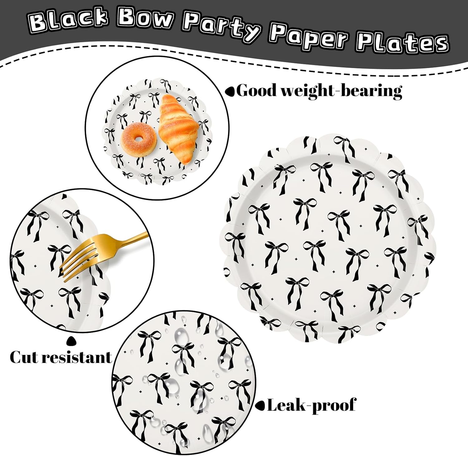 JarThenaAMCS 50Pcs Black Bow Paper Plate Scalloped Bowknot Disposable Plate 9 Inch Decorative Dinner Plate for Birthday Bachelorette Party Table Decor - Image 3