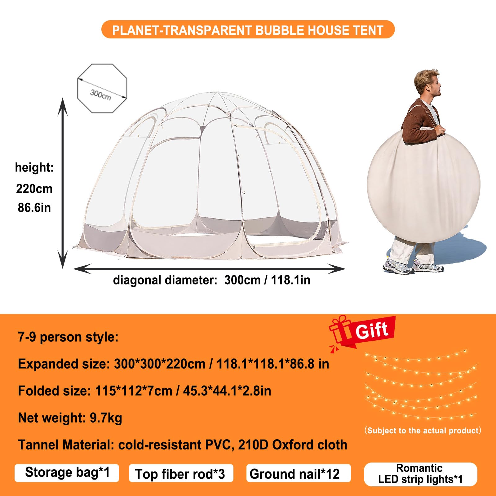 Namiot bąbelkowy typu pop-up, oversize'owy, wodoodporny, przezroczysty namiot kopułowy dla 7-9 osób, przezroczysty namiot bąbelkowy ze śledziami do ochrony przed zimnem