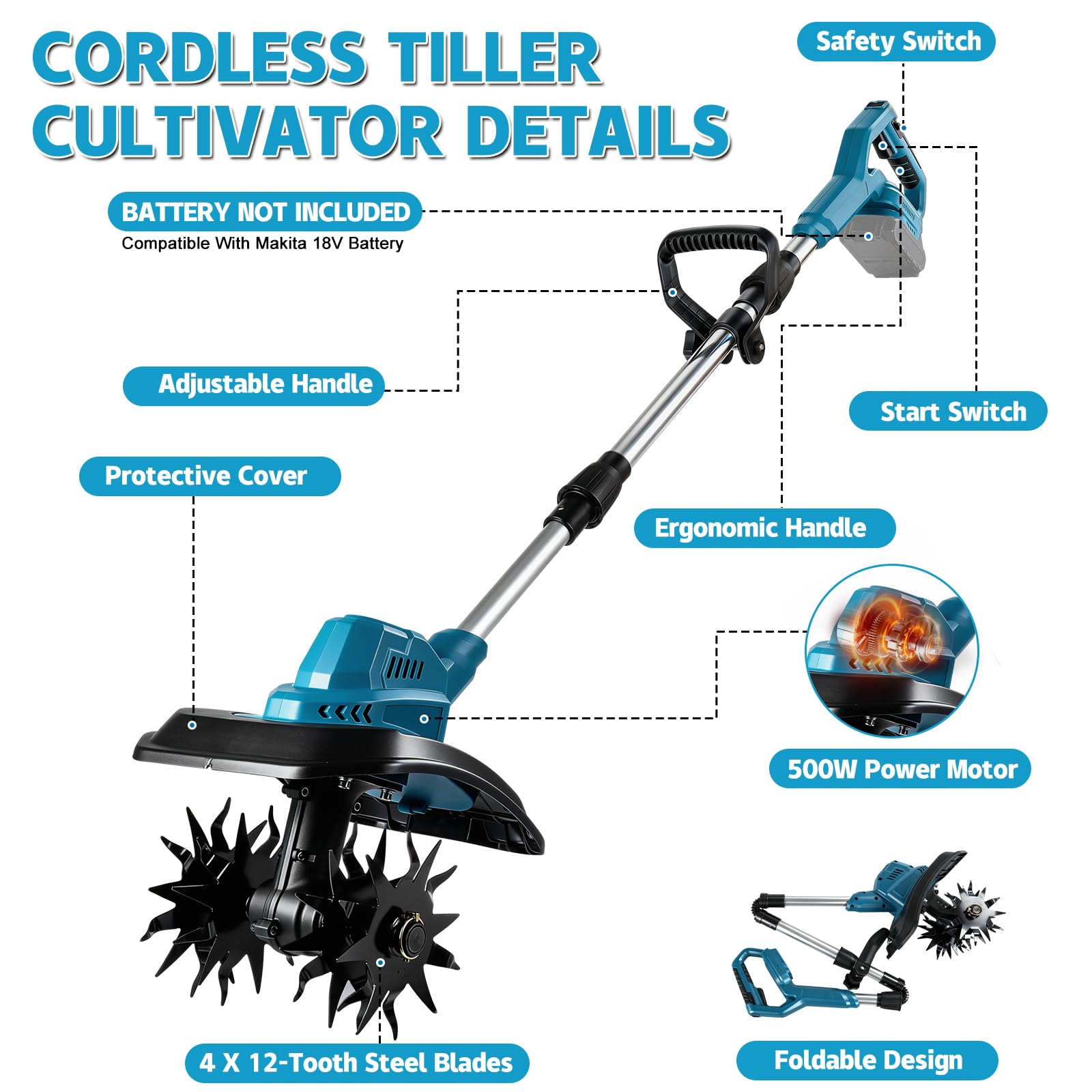 Akku Bodenhacke Motorhacke für Makita 18V (ohne Akku), 500W Bürstenloser Motor, 22cm Arbeitsbreite & 17cm Tiefe, 48 Robuste Stahlzinken, Leichte Elektro-Gartenfräse für Beete Hochbeete Gemüsegarten
