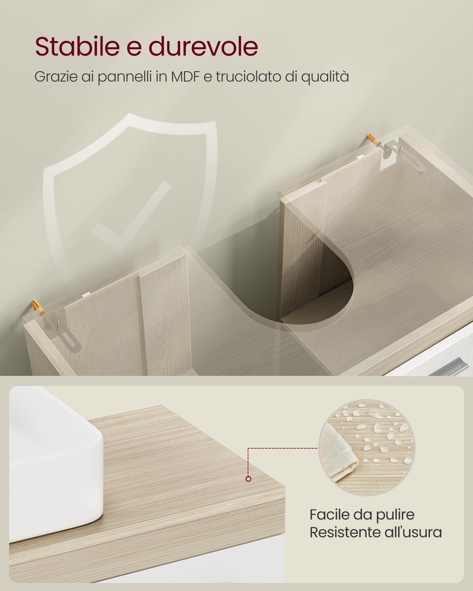 VASAGLE Mobile Sottolavabo, Mobile da Bagno, 2 Scomparti dietro le Ante, per Diversi Tipi di Lavabi, con Piedini, 30 x 60 x 60 cm, Beige Naturale e Bianco Nuvola BBK506L01