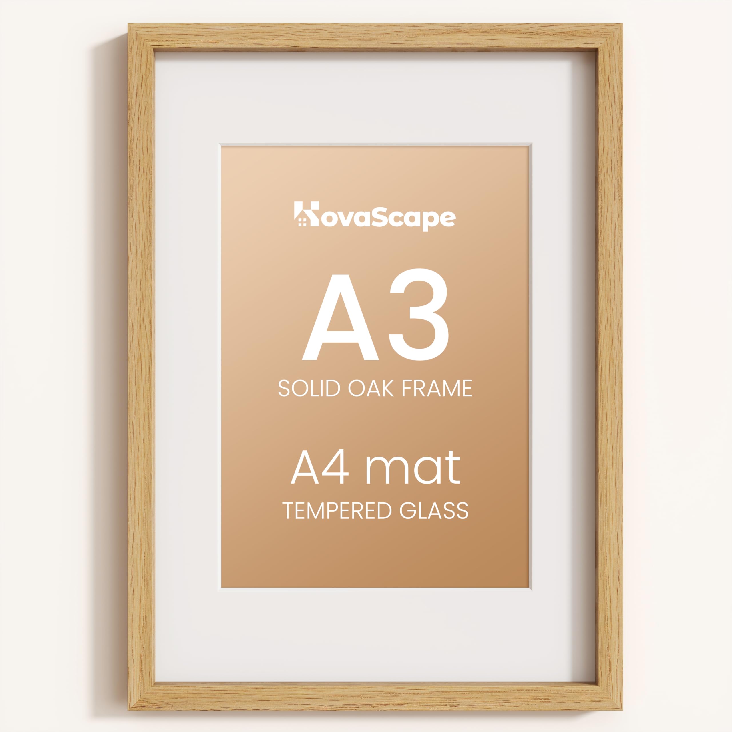 KovaScape A3 Photo Frame, Natural Solid Oak Wood Picture Frame with HD Tempered Glass, Modern Minimalist Wooden Frame Matted for A4(21x29.7 cm) Photos, Versatile Wall Hanging & Tabletop Display