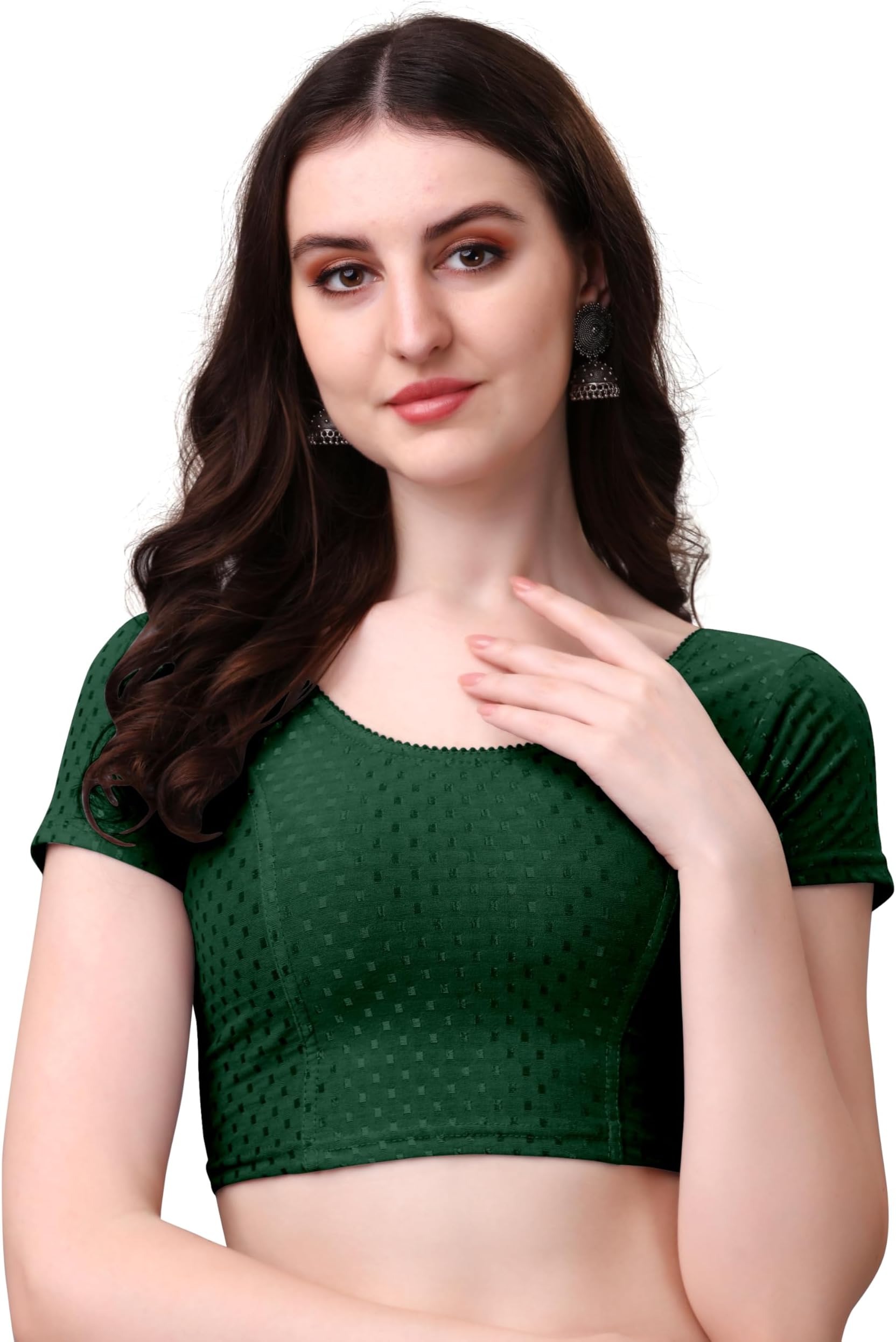 MOGSAWomen's Round Neck Dobby Cotton Stretchable Short Sleeve Readymade Saree Blouse
