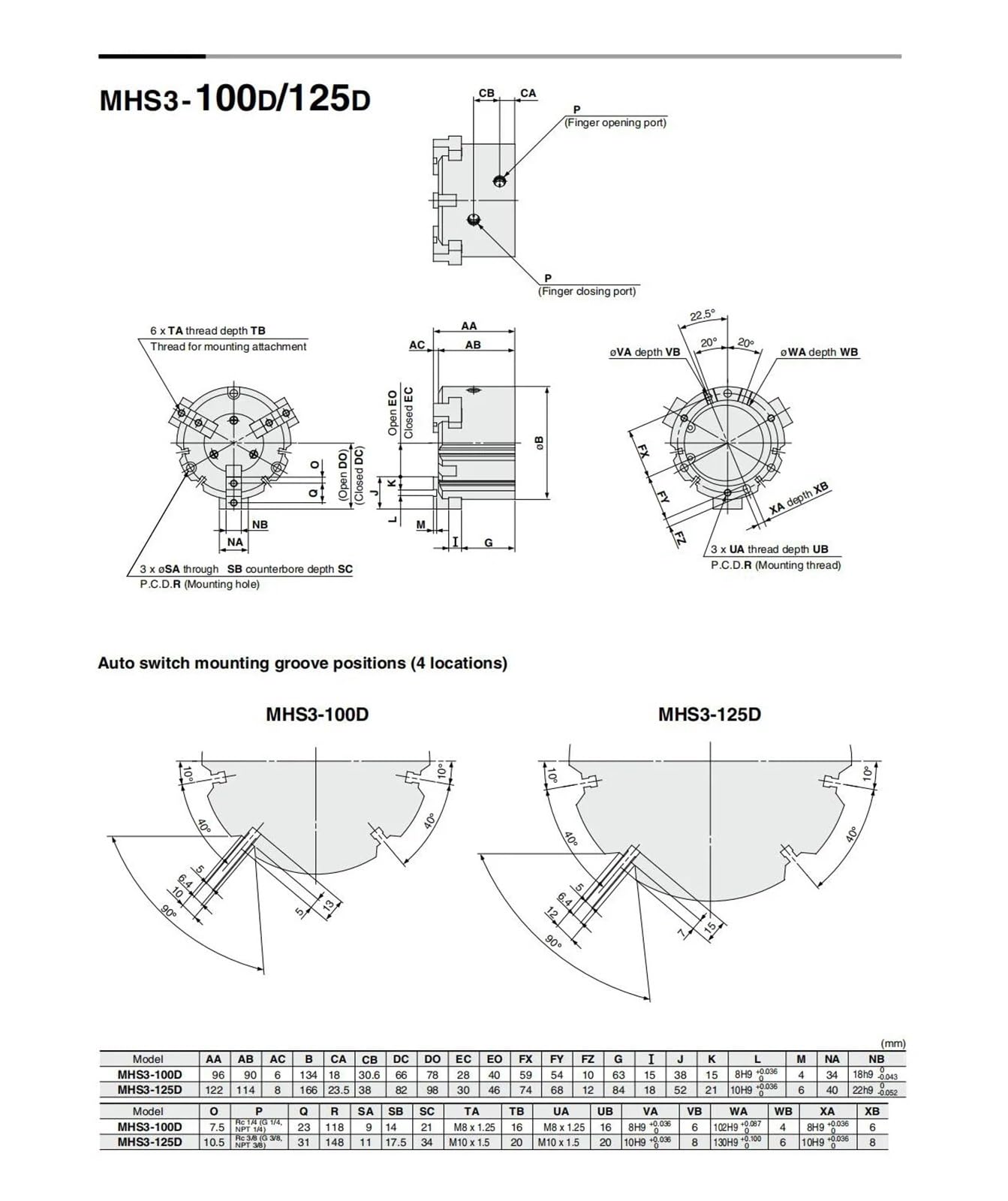 MHS2 MHS3 MHS4 16D 20D 25D 32D 40D 63D 80D 100D 125D Pinza pneumatica a Due/Tre/Quattro Dita con Griffe(50D)