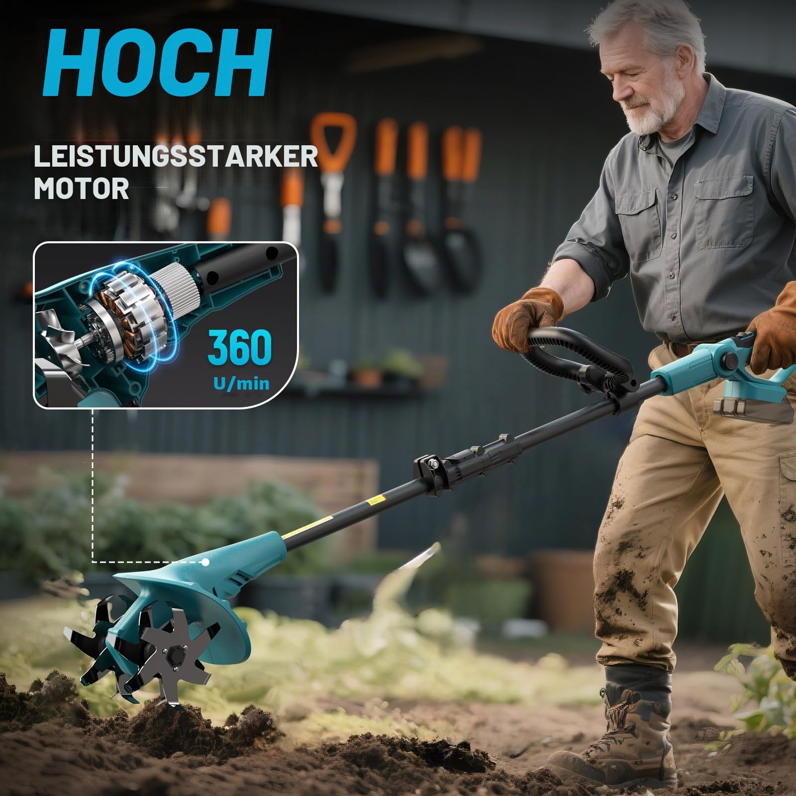 Akku-Bodenhacke Motorhacke für Makita 18V Akku – 360 U/min Motor, 20cm Arbeitsbreite & 13cm Arbeitstiefe für Beet, Acker & Landwirtschaft(Ohne Akku)