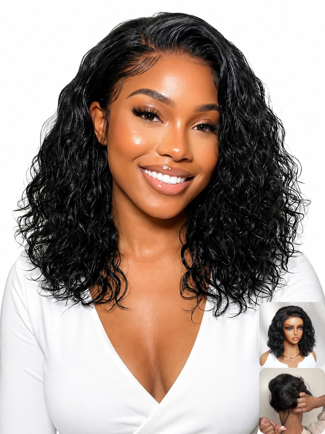 Nadula 220% Density Water Wave Bob Drawstring Wig Human Hair Side Part, Glueless Pre Cut Bye Bye Knots No Slip Wig Pre Plucked Bleached Knots,Ready to Wear Wet and Wavy Short Bob Wig 12inch