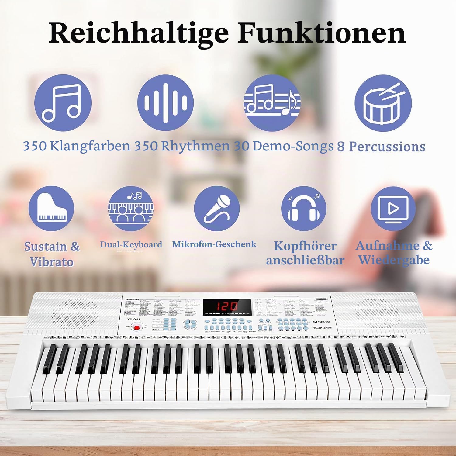 Vangoa Elektronische Klaviertastatur 61 Leuchttasten Tragbare Anfänger Musik-Tastatur Klavier, Notenständer, Mikrofon, 350Klangfarben, 350 Rhythmen, 30 Demos, Weiß