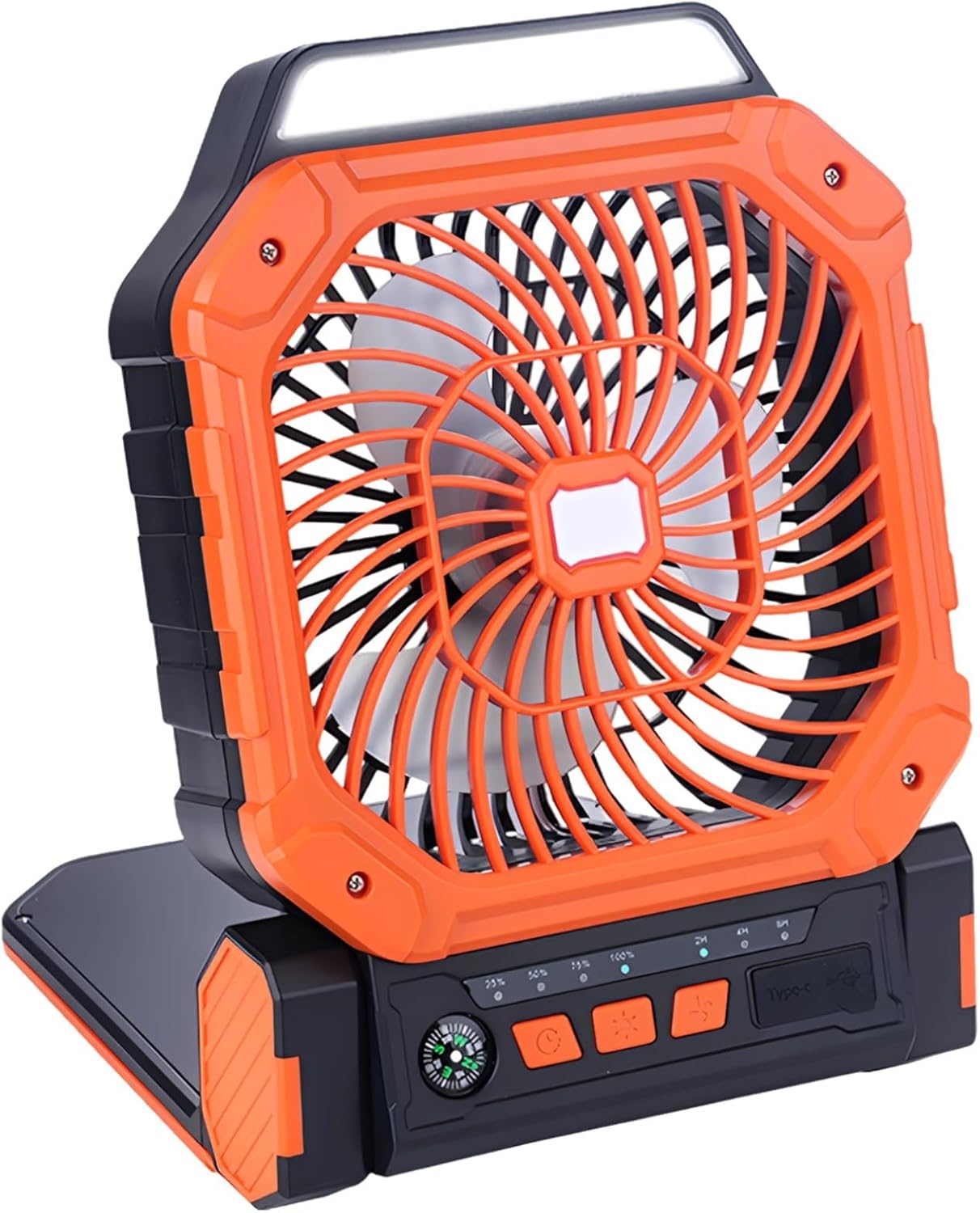 Camping Fan With 7800Mah Battery, Led Lantern And Compass, 4-Speed Usb Desk Fan, Solar Powered, Hanging Design And Abs Shell For Outdoor