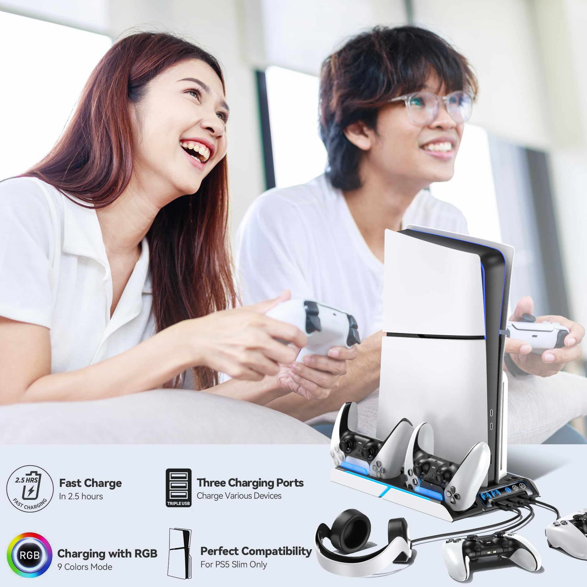 Supporto PS5 Slim con Ventola di Raffreddamento, Staffa per PS5, Base Ricarica Controller PS5, PS5 Accessori per PS5 Slim/P5 Digital Edition e Disc Edition