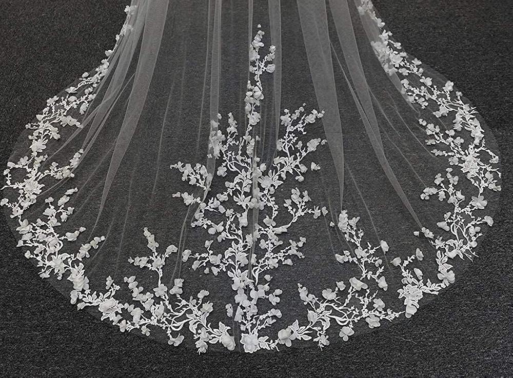 Bruidssluier 3D Bloemen Bruids Tule Bloemen Bruiloftssluier 1 Laag Lange Sluiers Kanten Rand Bloemblaadjes Met Kam Bruidssluier Tule
