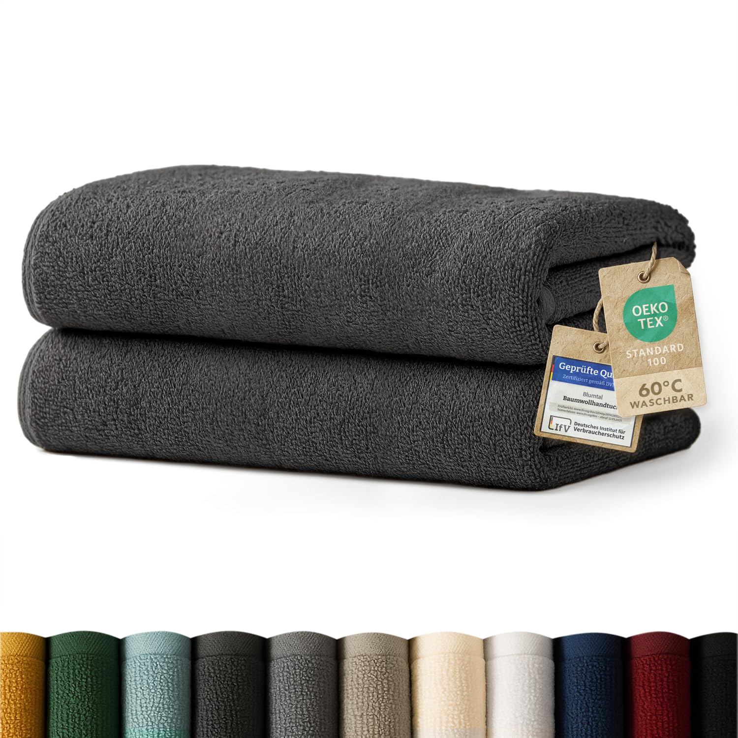 Blumtal Premium Frottier Handtücher Set 2 teilig 100% Baumwolle - Oeko-TEX zertifiziertes Towel 2X (50x100 cm) - Ultra saugstarkes Frottier Handtücher Set waschbar °60 - Handtücher Anthrazit