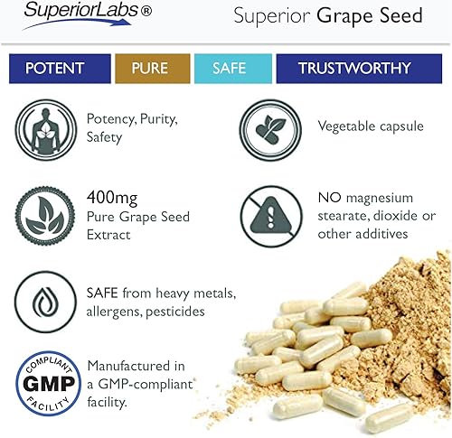 Miniatura 4 de SuperiorLabs - Extracto de semilla de uva - 95% de polifenoles - 400 mg, 120 cápsulas vegetales - Alto contenido de antioxidantes - Flujo sanguíneo