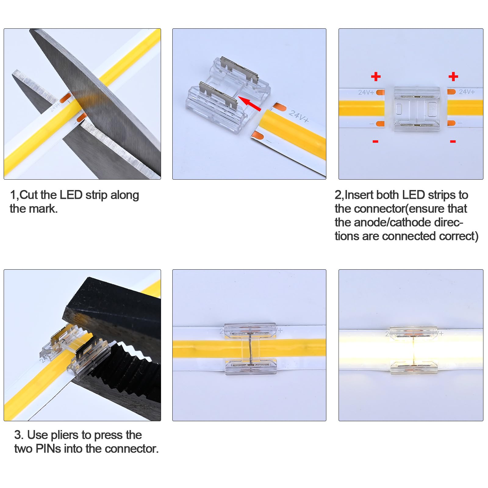Produktbild von GOMING 12mm COB LED Strip Connector Set – 8x Streifen-zu-Draht, 2x Streifen-zu-Streifen, 4x Kabel – Kein Löten