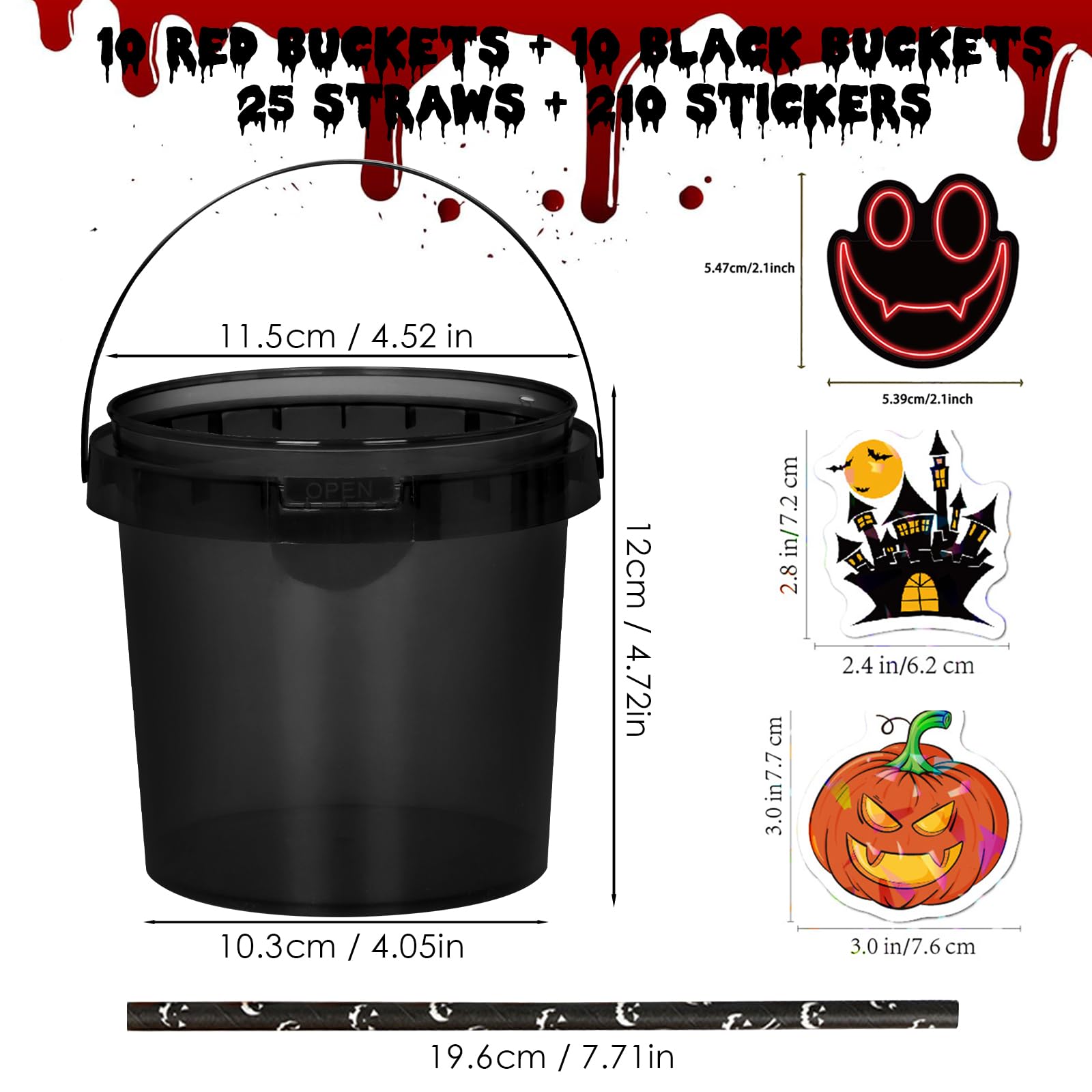 20 cubos de dulces de Halloween, cestas de truco o trato para niños, cubos de hielo de 32 onzas para fiestas con tapa, contiene 210 calcomanías de Halloween y 25 popotes para decoración de fiesta de 2