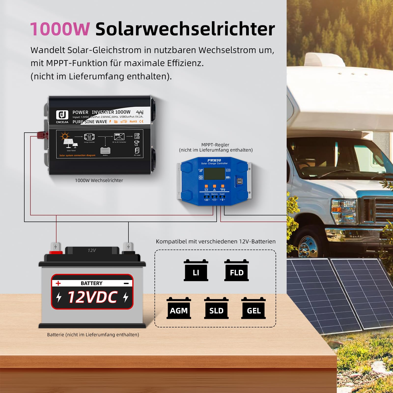 CNCEJIA 1000W Wechselrichter Reiner Sinus 12v auf 230v Spannungswandler mit 2 USB Anschlüsse 2 Steckdose LCD-Display für Auto Wohnmobil Camping (Schwarz)