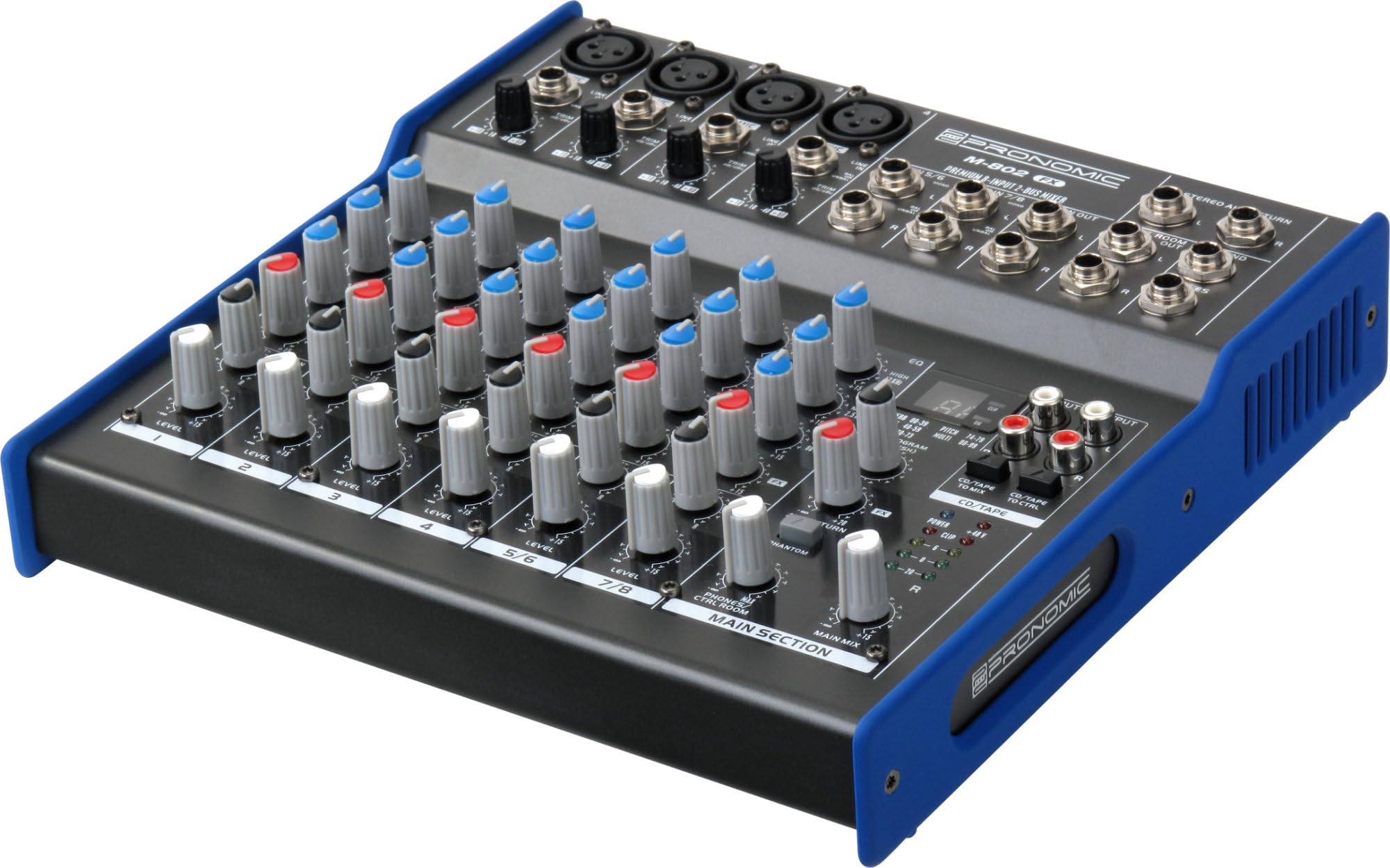Pronomic M-802FX 8-Kanal Mischpult mit 100 Effekten und 4 XLR-Eingängen | 24-Bit Effektprozessor, 100 Programme, 4 Mono-Kanäle, 2 Stereo-Kanäle, 3-Band EQ, 48 V, Netzteil