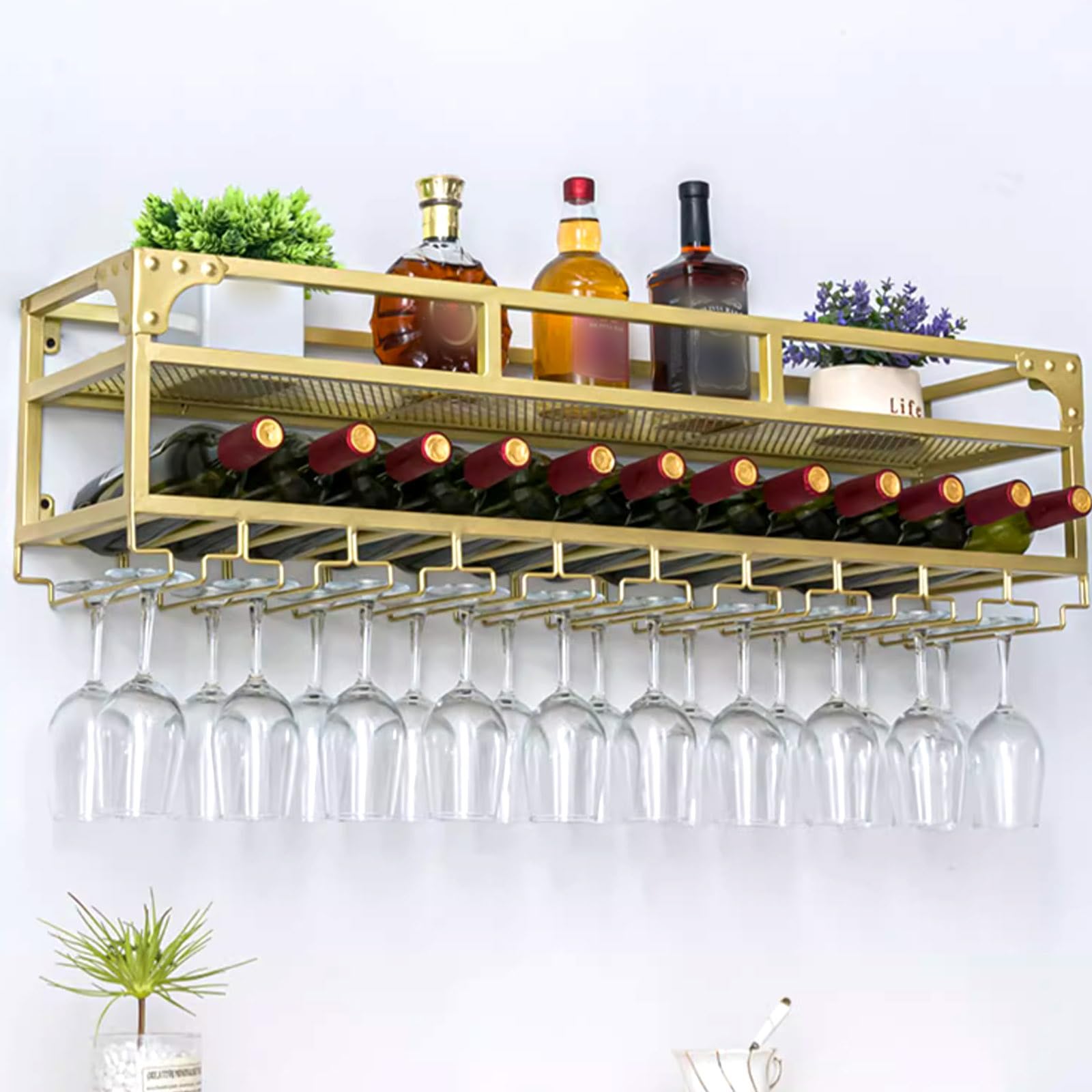 Moderno estante LED montado en la pared para botellas de licor de hierro para el hogar, bar, elegante estante dorado para botellas de cocina o comedor (80 x 25 cm)