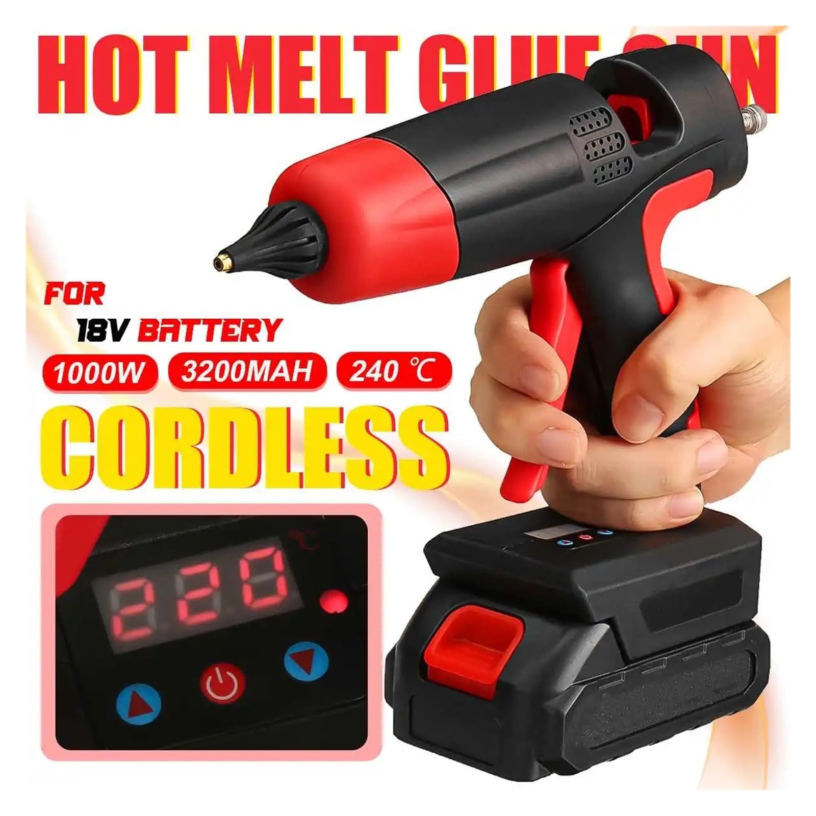 Pistola for colla a caldo senza fili con 10 stick di, batteria agli ioni litio ricaricabile, ugello in rame, strumento riparazione fai da te for la casa, 21 V, 1000 W(2 battery)