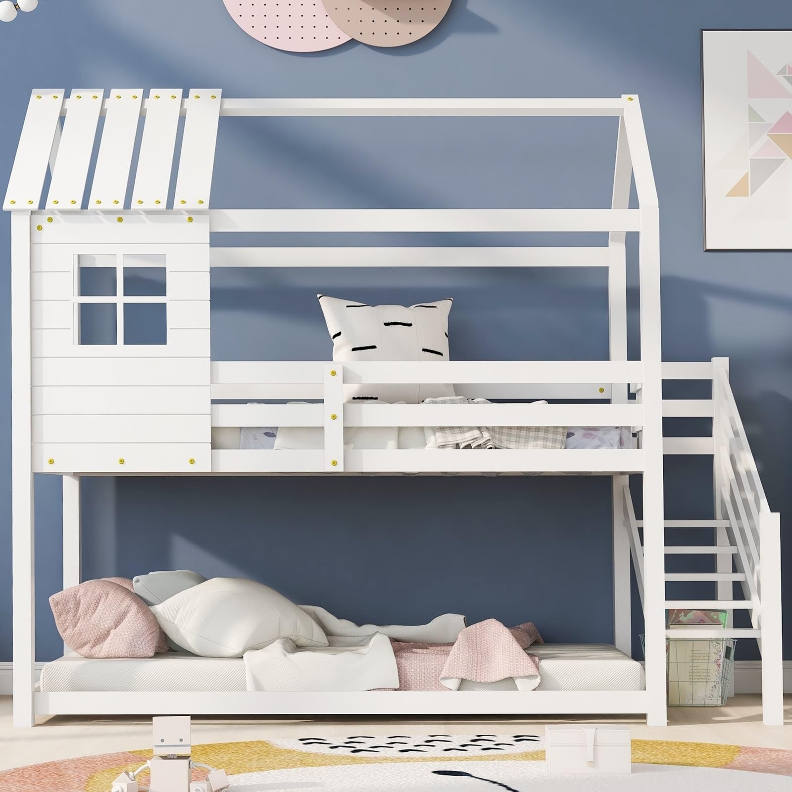 KnSam Etagenbett, Bett mit Ecktreppe, Hausbett, Kinderbett mit Fallschutz und Gitter, Hochbett mit Fenster, Rahmen aus Kiefer, Weiß (200x90cm)