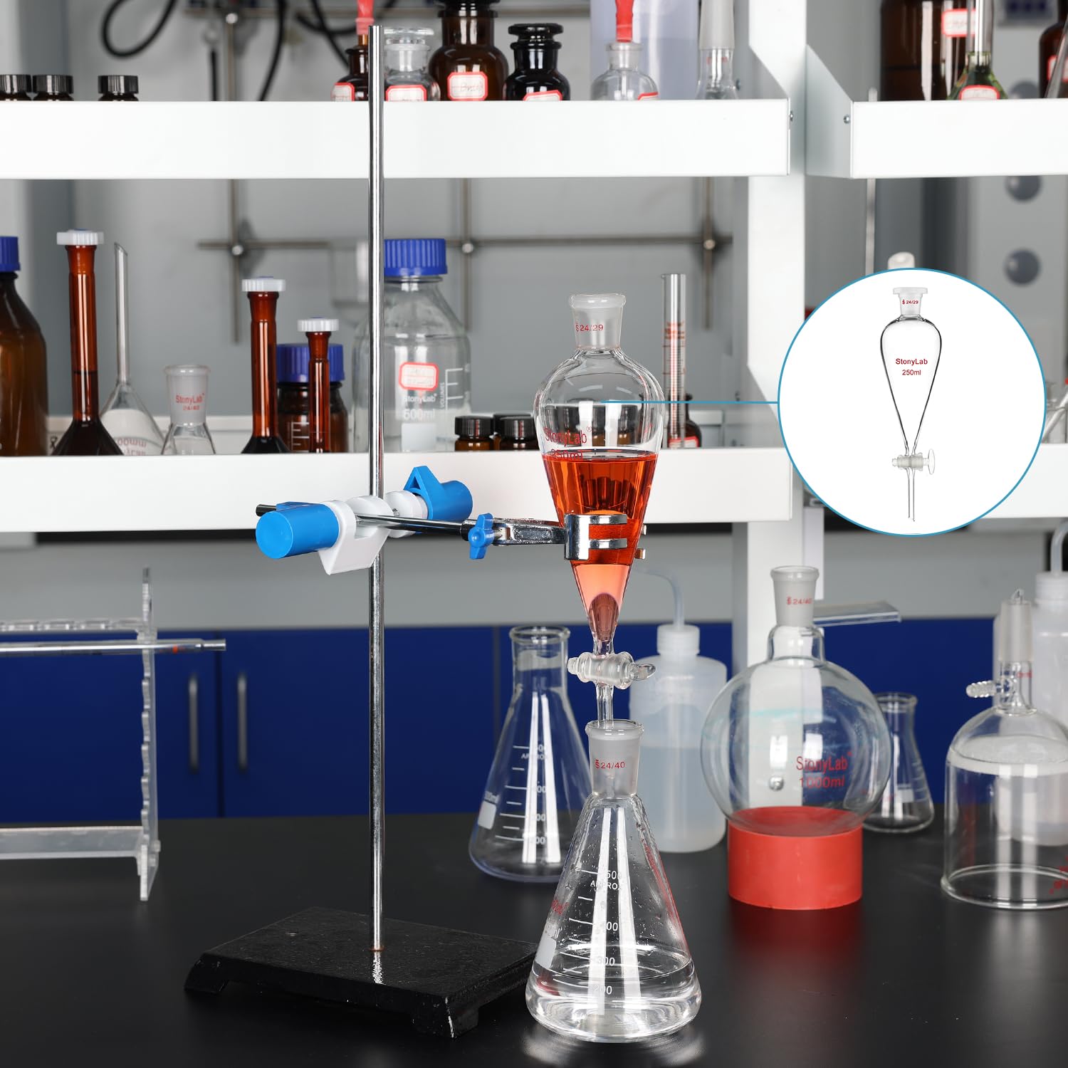 stonylab Lmbuto Separatore con Rubinetto in Vetro, Imbuto in Borosilicato con Giunto 24/29 per Separazione Accurata di Liquidi in Laboratorio, 250 ml