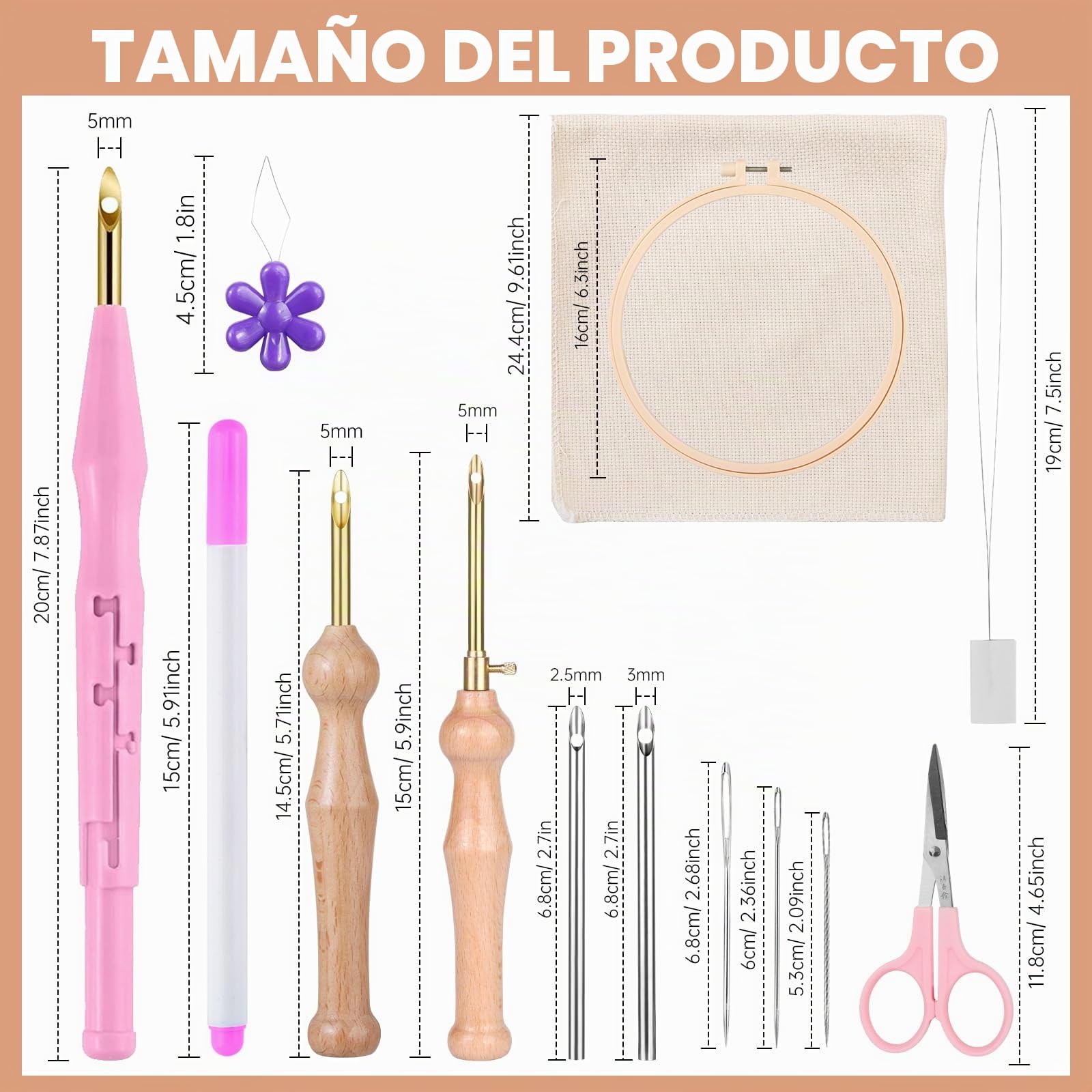 Kit de Bordado de 42 Piezas - Aguja de Perforación, Bolígrafo Mágico, Aros, Tela Para Coser - Punch Needle Kit (Azul+Rosa)
