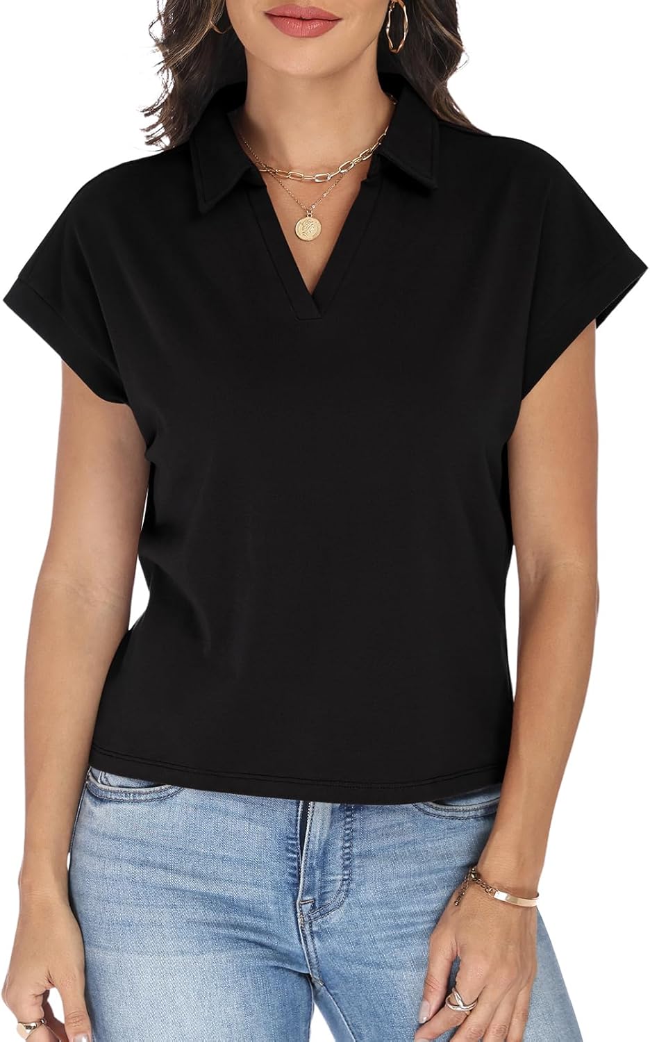 Women's Cap Sleeve Crop Tops Collared V Neck T Shirts Boxy Short Sleeve Polo Shirts Summer Basic Tees Fashion Clothes - Image 6