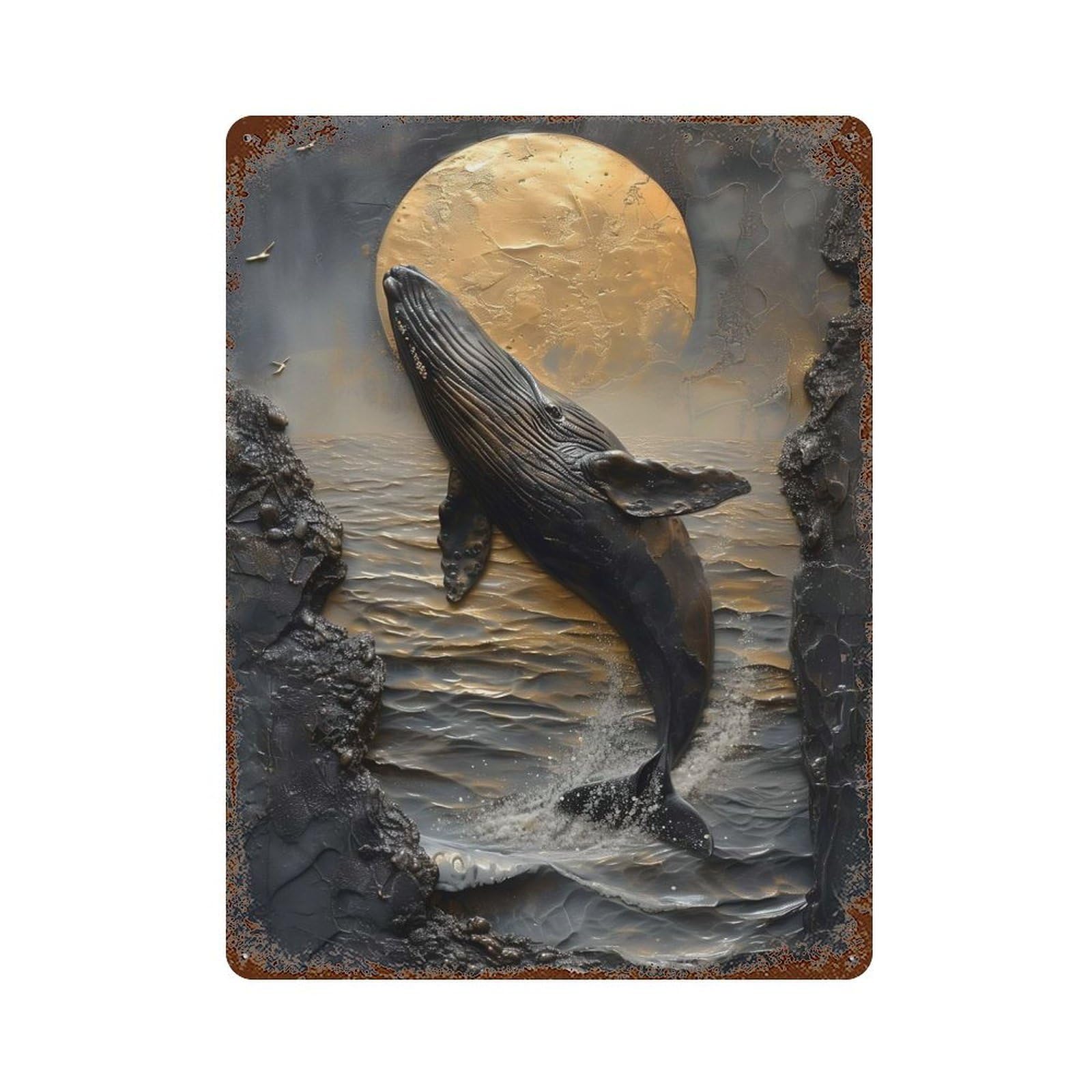 Decorative Tin Sign with Moonlit Whale Breach Design 15.7"x11.8", for Garage, Bar And Workshop Decor, Farmhouse Wall Decor