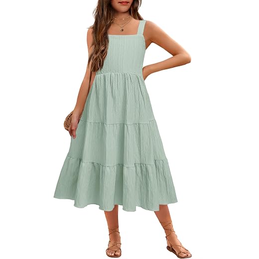 Arshiner Girl's Sundresses Summer Boho Strap Tiered Cami Maxi Dresses with Pockets