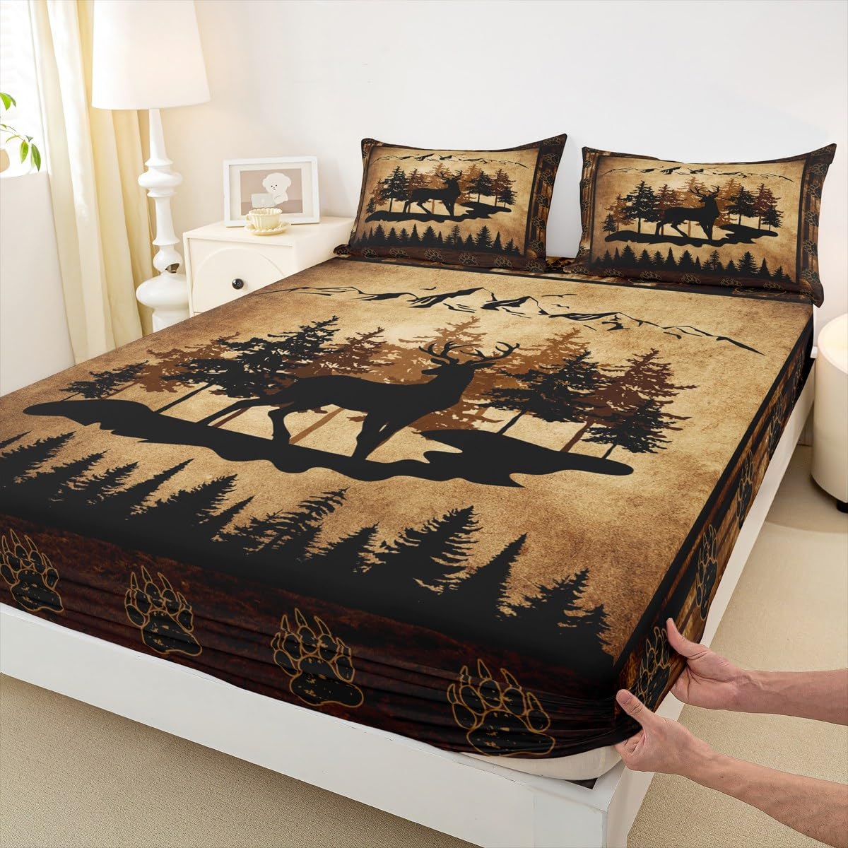 Deer Silhouette Fitted Sheet Queen Size 3 Pcs,Jungle Paw Trees Wild Animal Bedding Set for Kids Teens Adults,Sketch Mountain Retro Wooden Grid Cabin Bed Cover with 2 Pillowcases(No Top Sheet)
