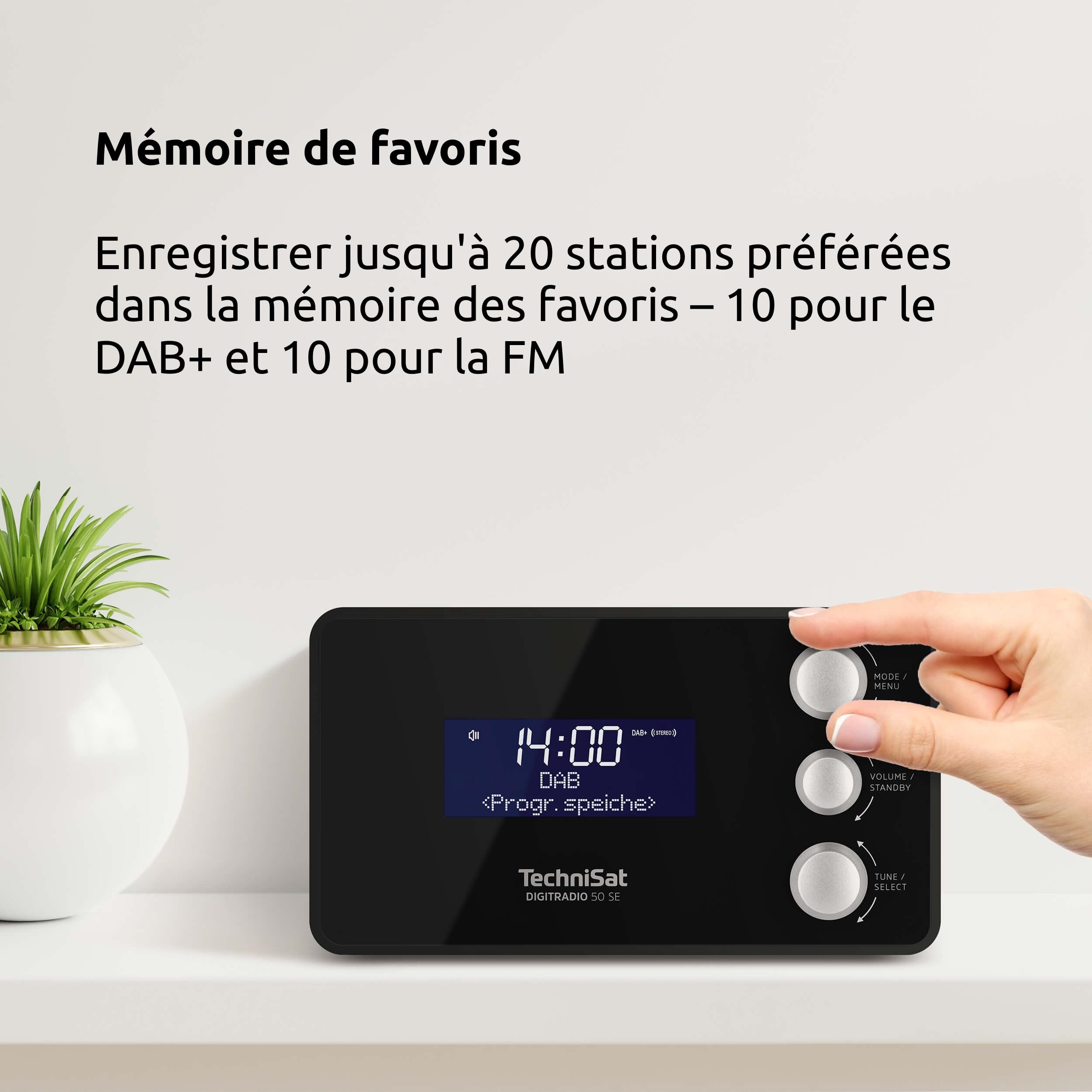 TechniSat DIGITRADIO 50 SE - Radio-réveil (DAB+/FM, écran à intensité variable, réveil avec deux heures de réveil réglables, snooze, minuterie de sommeil, 1,5 W, prise casque, charge USB) Noir