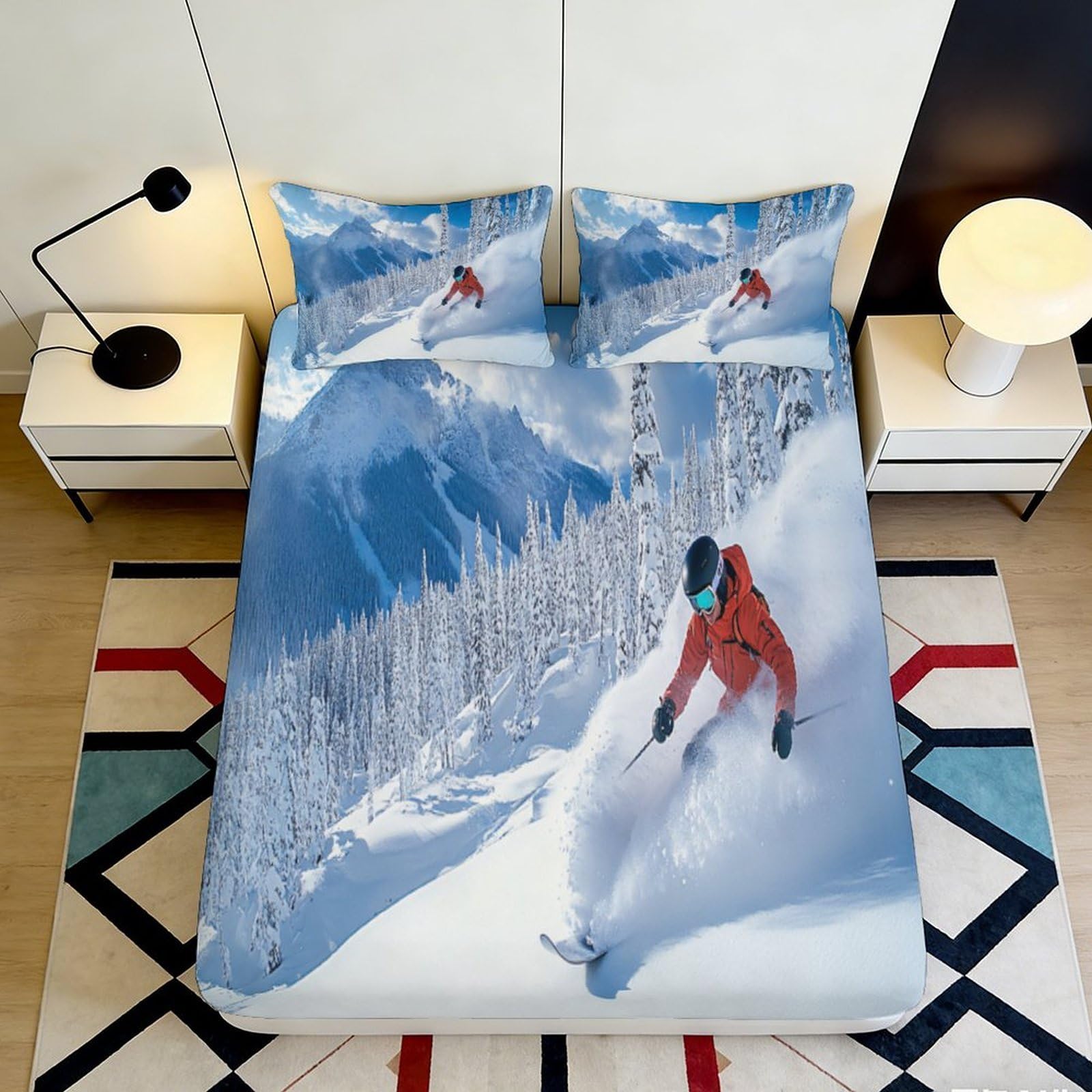 3D Printed Snow Mountain Ski Fitted Sheet Microfiber Soft Breathable Skiing Bed Cover for Bedroom Guest Room Decor 90x200x25cm