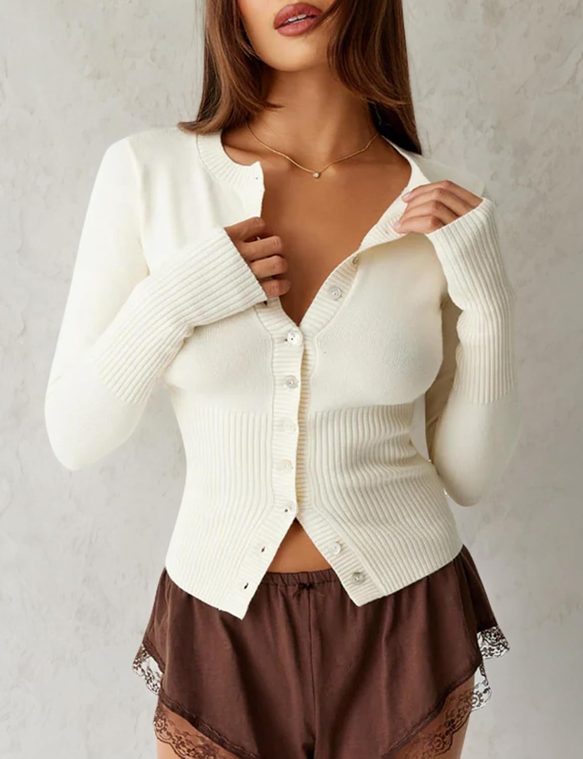 Womens Open Front Button Up Cropped Cardigan Ribbed Knit Long Sleeve Shirt Casual Solid Crop Top Cardigan Sweater - Image 4