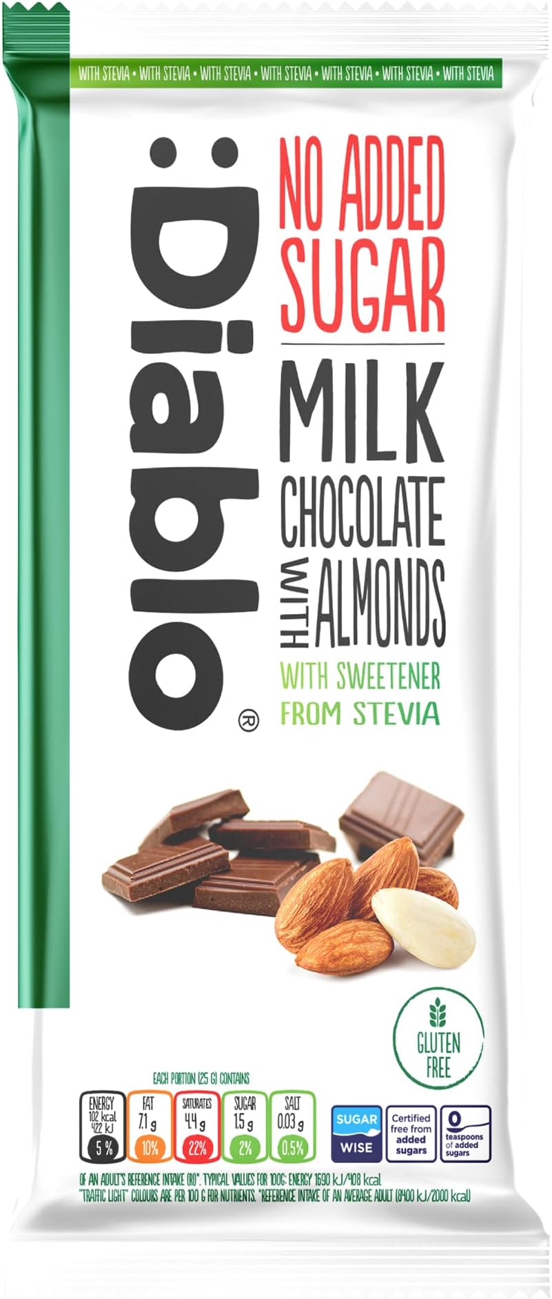 Diablo No Added Sugar Chocolate Bar – Milk Chocolate with Almonds, Sweetened with Stevia, Gluten Free, Ideal for Any Occasion, Birthdays, Valentines, or Gift Hampers, 75g (Pack of 1)